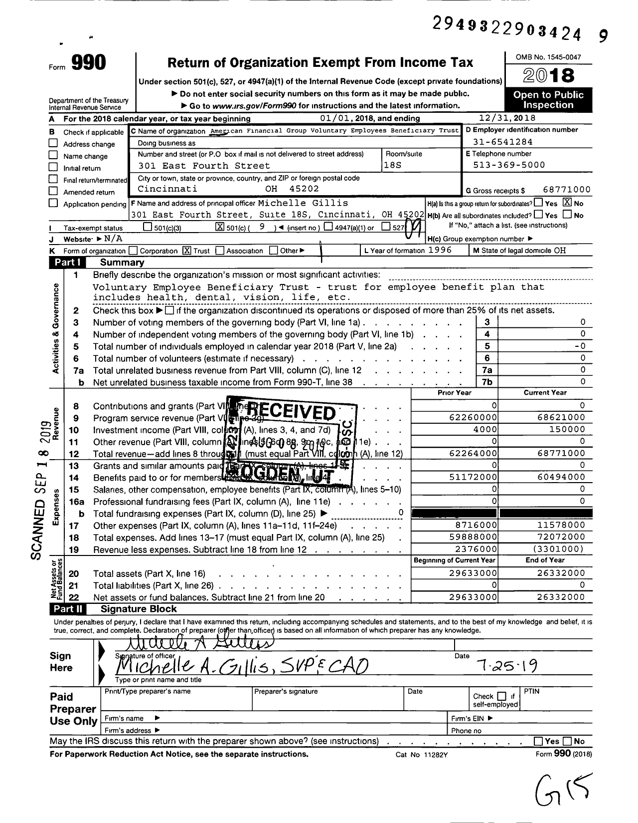 Image of first page of 2018 Form 990O for American Financial Group Voluntary Employees Beneficiary Trust