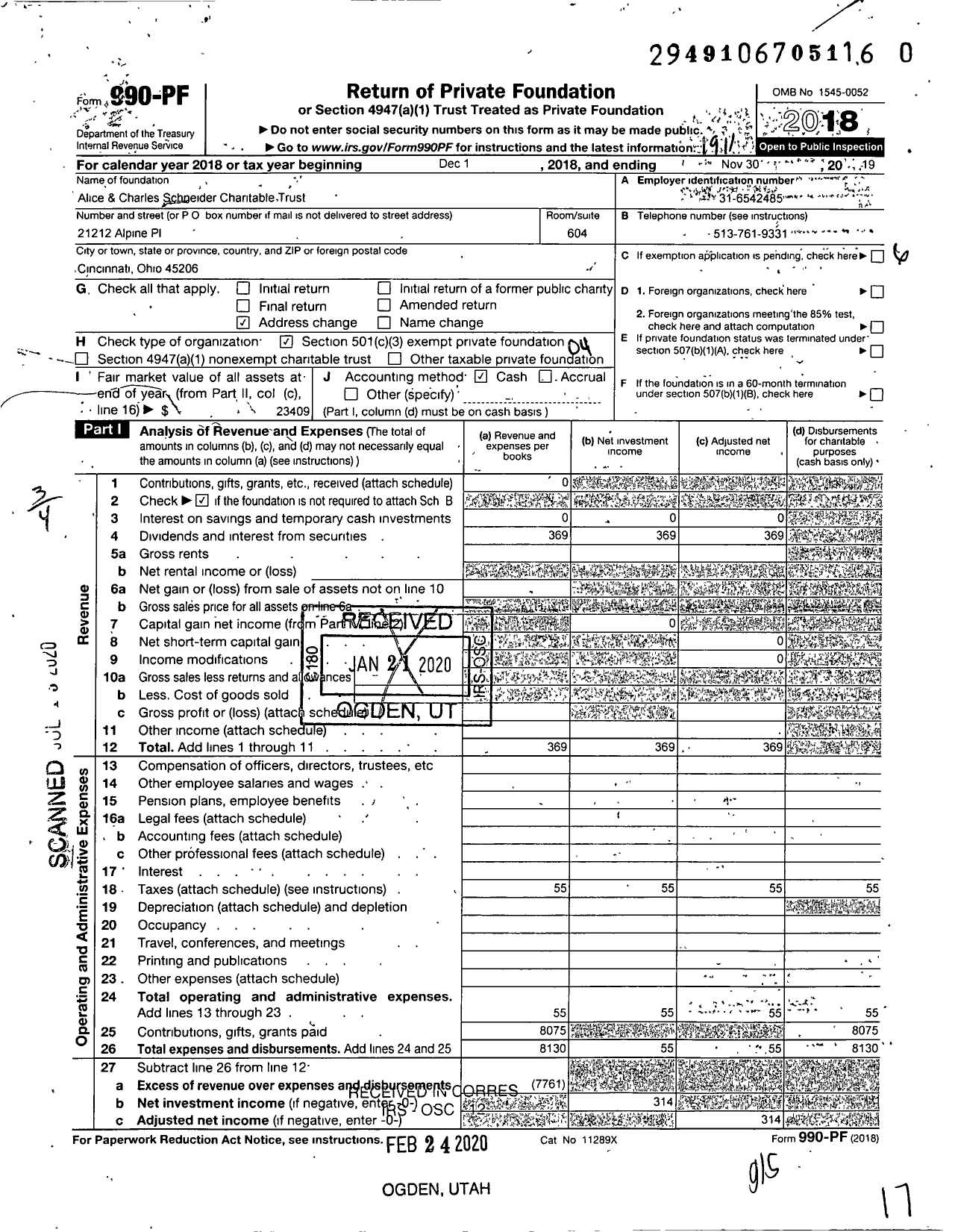 Image of first page of 2018 Form 990PR for Alice and Charles Schneider Charitable Trust