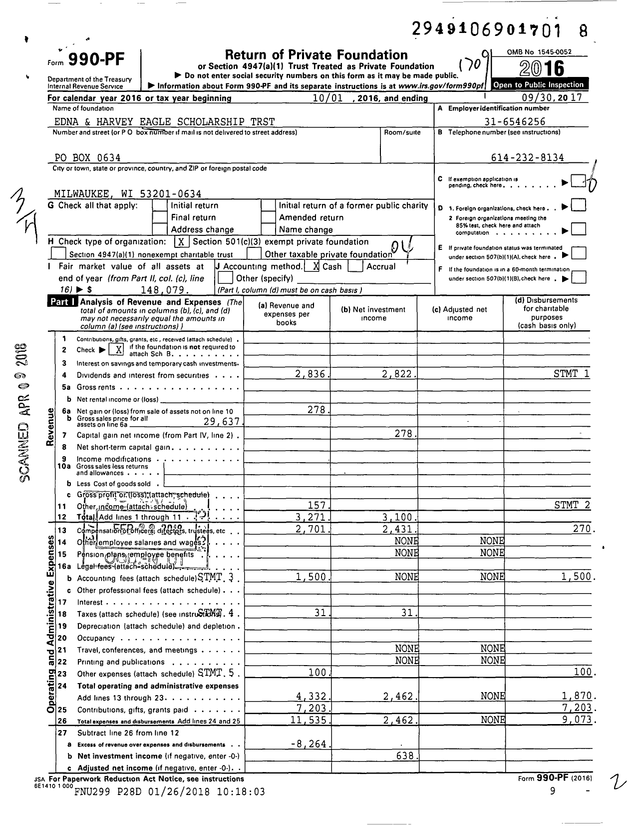 Image of first page of 2016 Form 990PF for Edna and Harvey Eagle Scholarship TRST