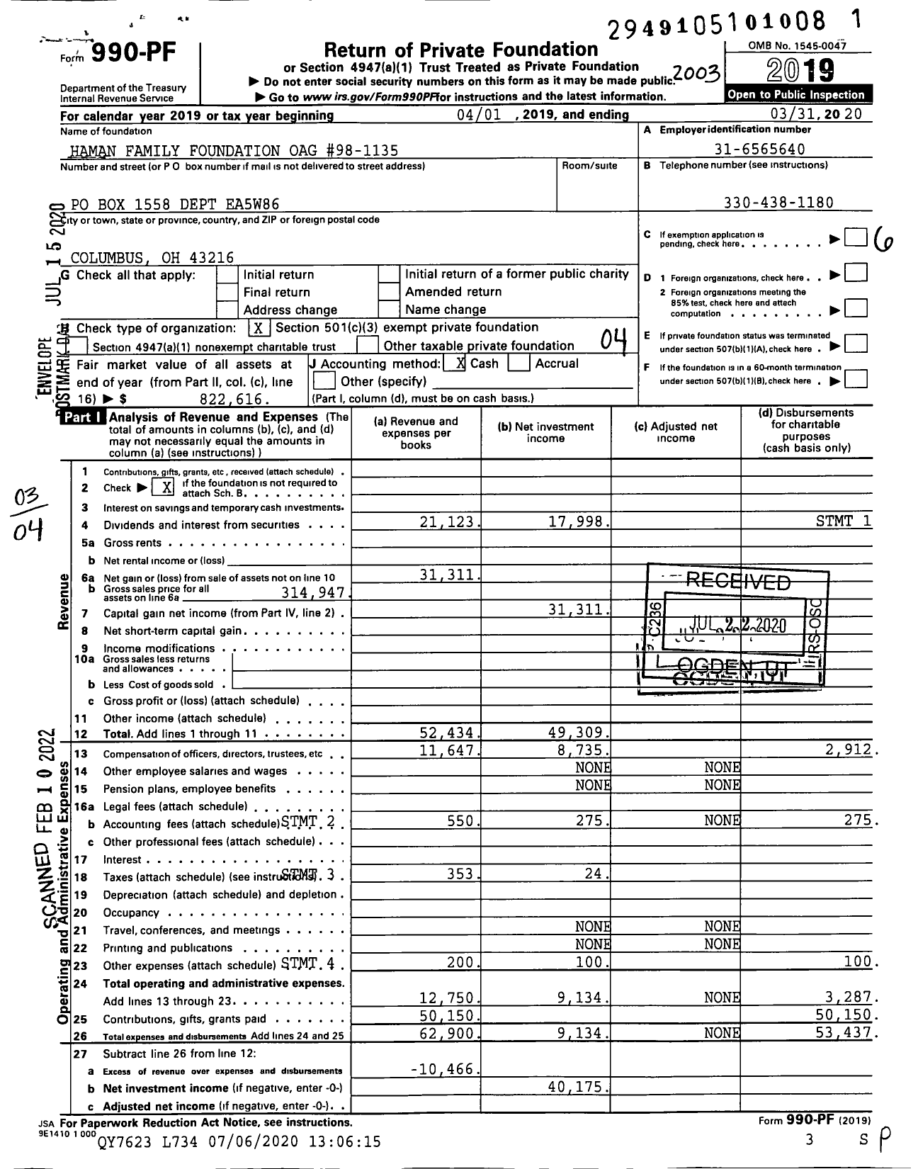 Image of first page of 2019 Form 990PF for Haman Family Foundation Oag #98-1135