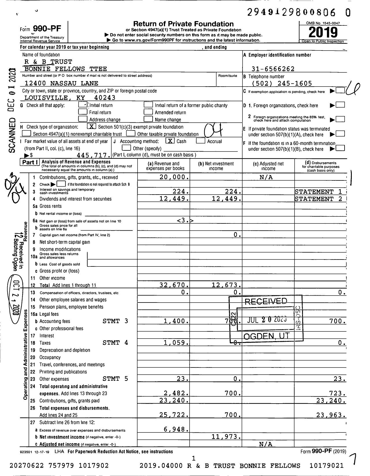 Image of first page of 2019 Form 990PF for R and B Trust Bonnie Fellows Trustee