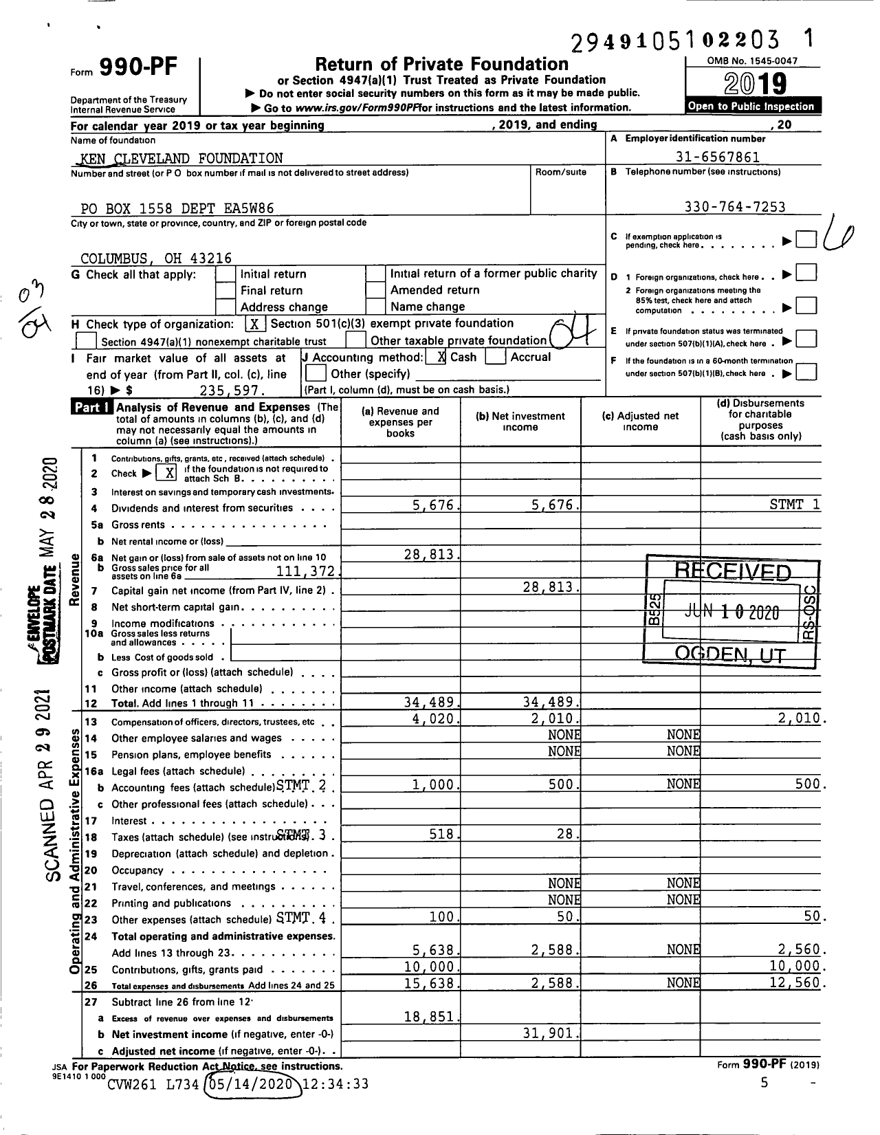 Image of first page of 2019 Form 990PF for Ken Cleveland Foundation