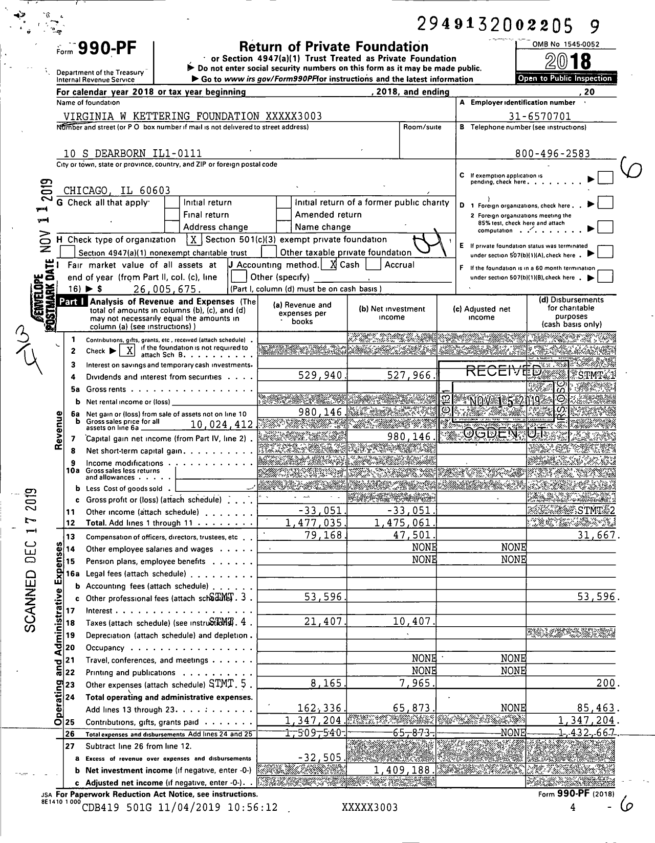 Image of first page of 2018 Form 990PF for Virginia W Kettering Foundation XXXXX3003