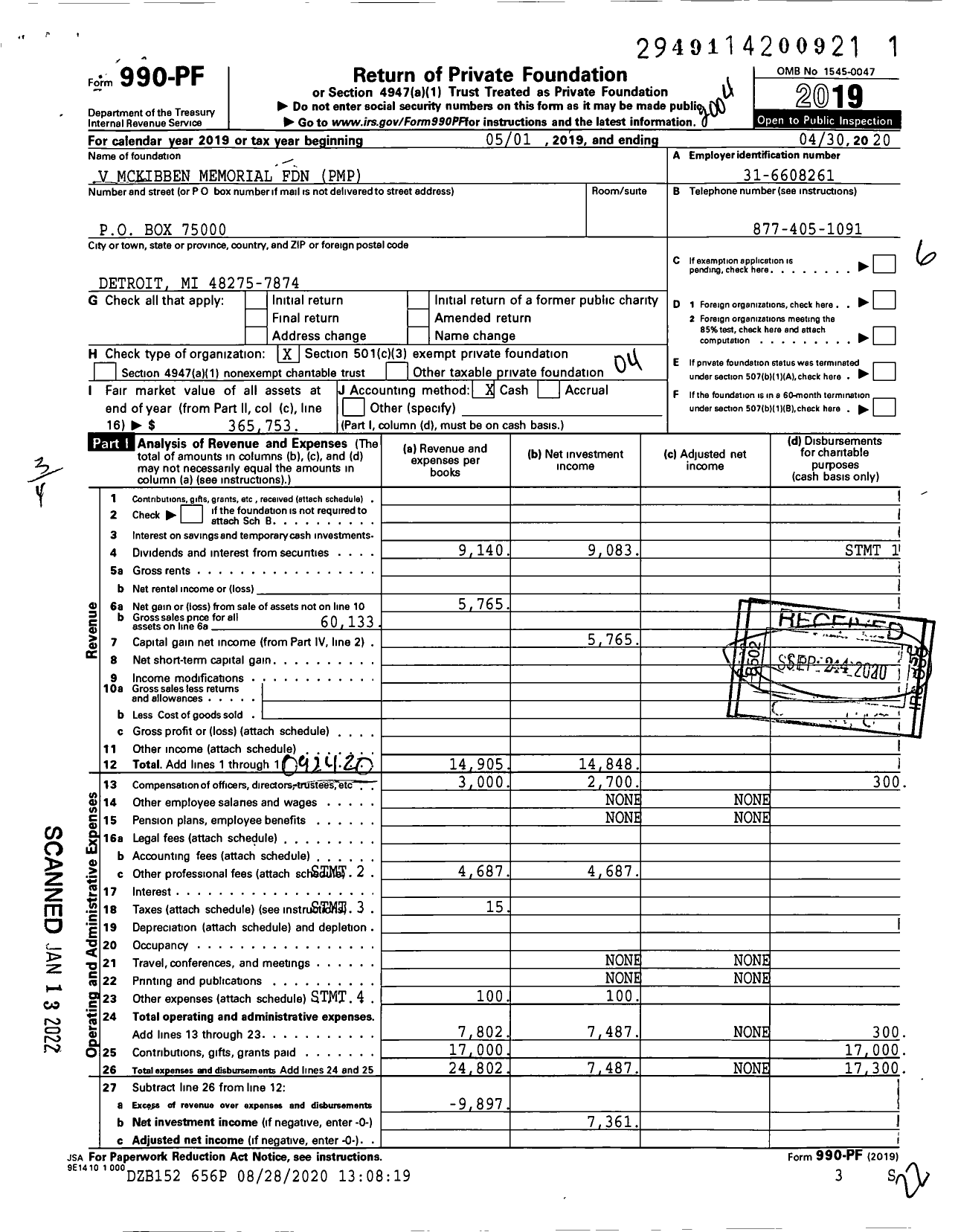 Image of first page of 2019 Form 990PF for V Mckibben Memorial Foundation