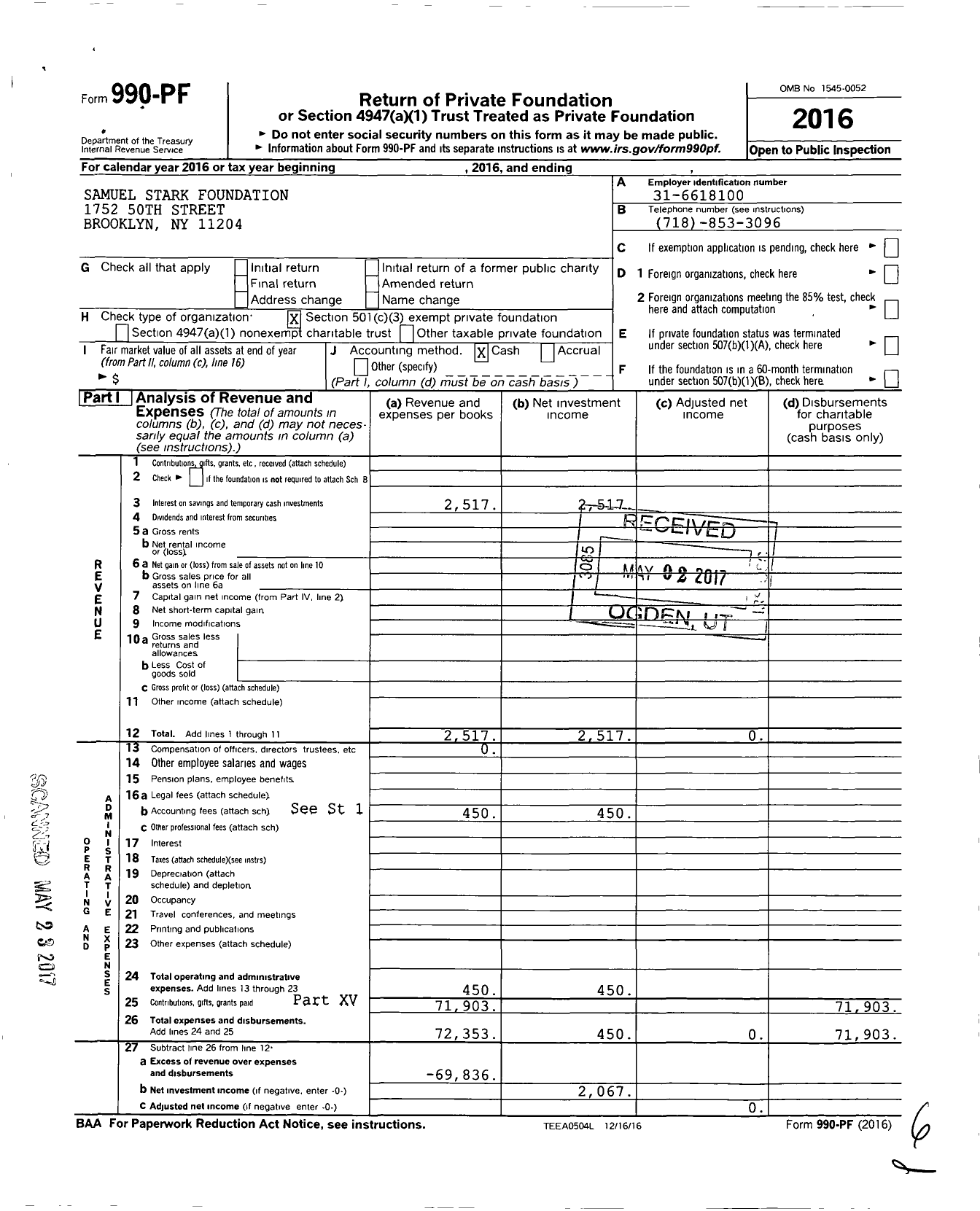 Image of first page of 2016 Form 990PF for Samuel Stark Foundation