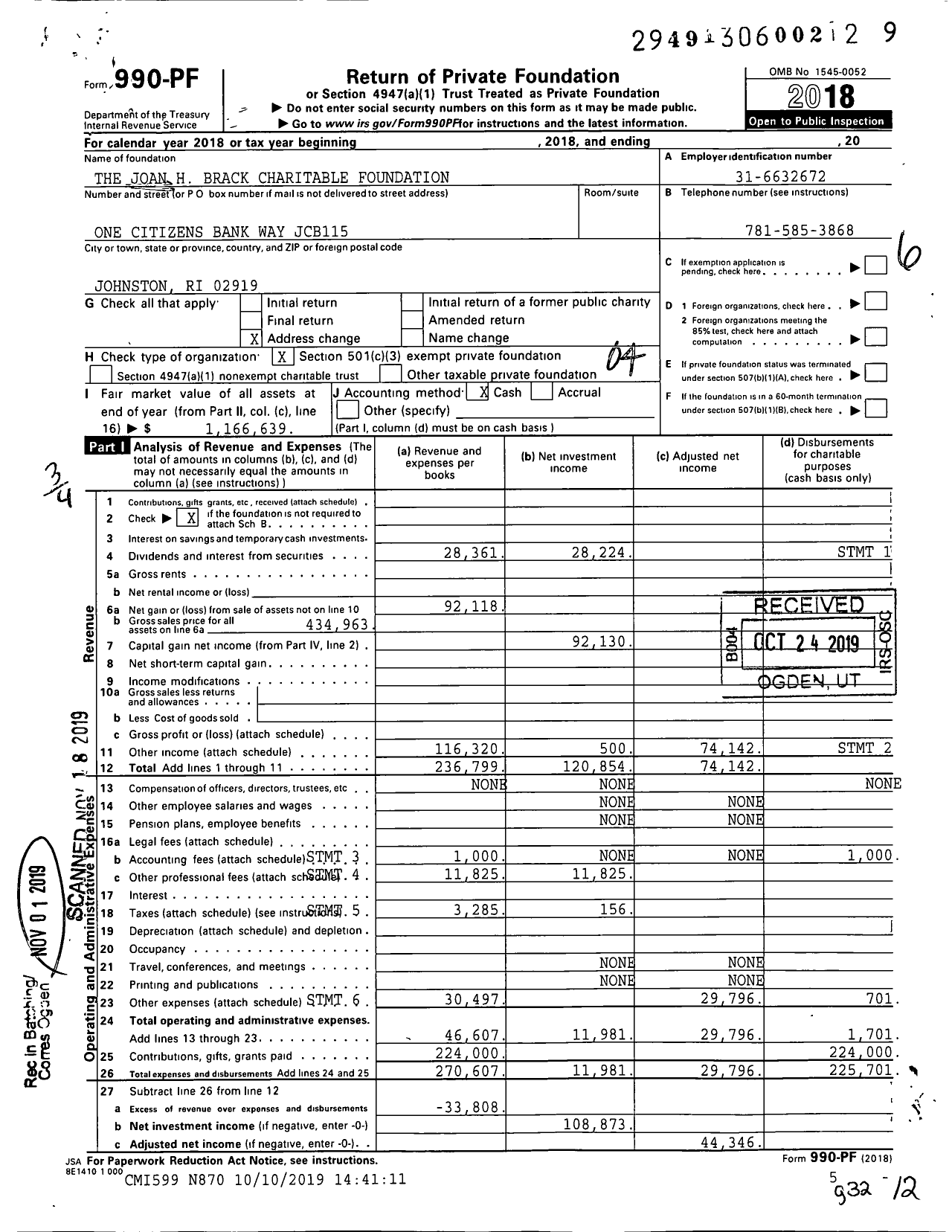 Image of first page of 2018 Form 990PF for The Joan H Brack Charitable Foundation