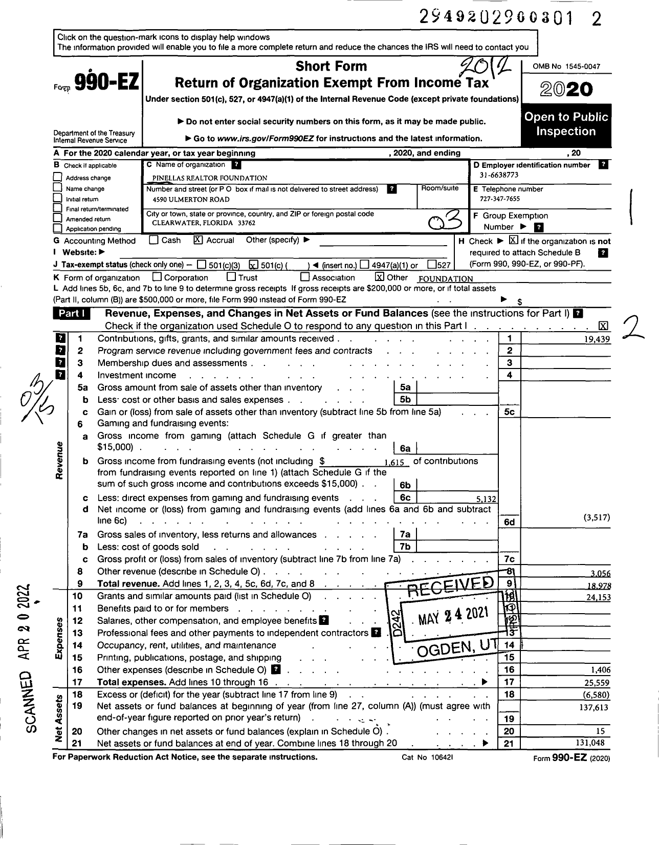 Image of first page of 2020 Form 990EZ for Pinellas Realtor Foundation