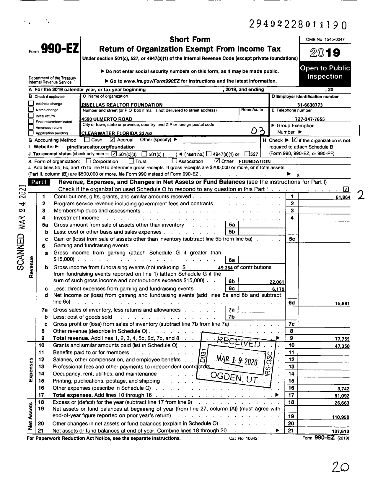 Image of first page of 2019 Form 990EZ for Pinellas Realtor Foundation