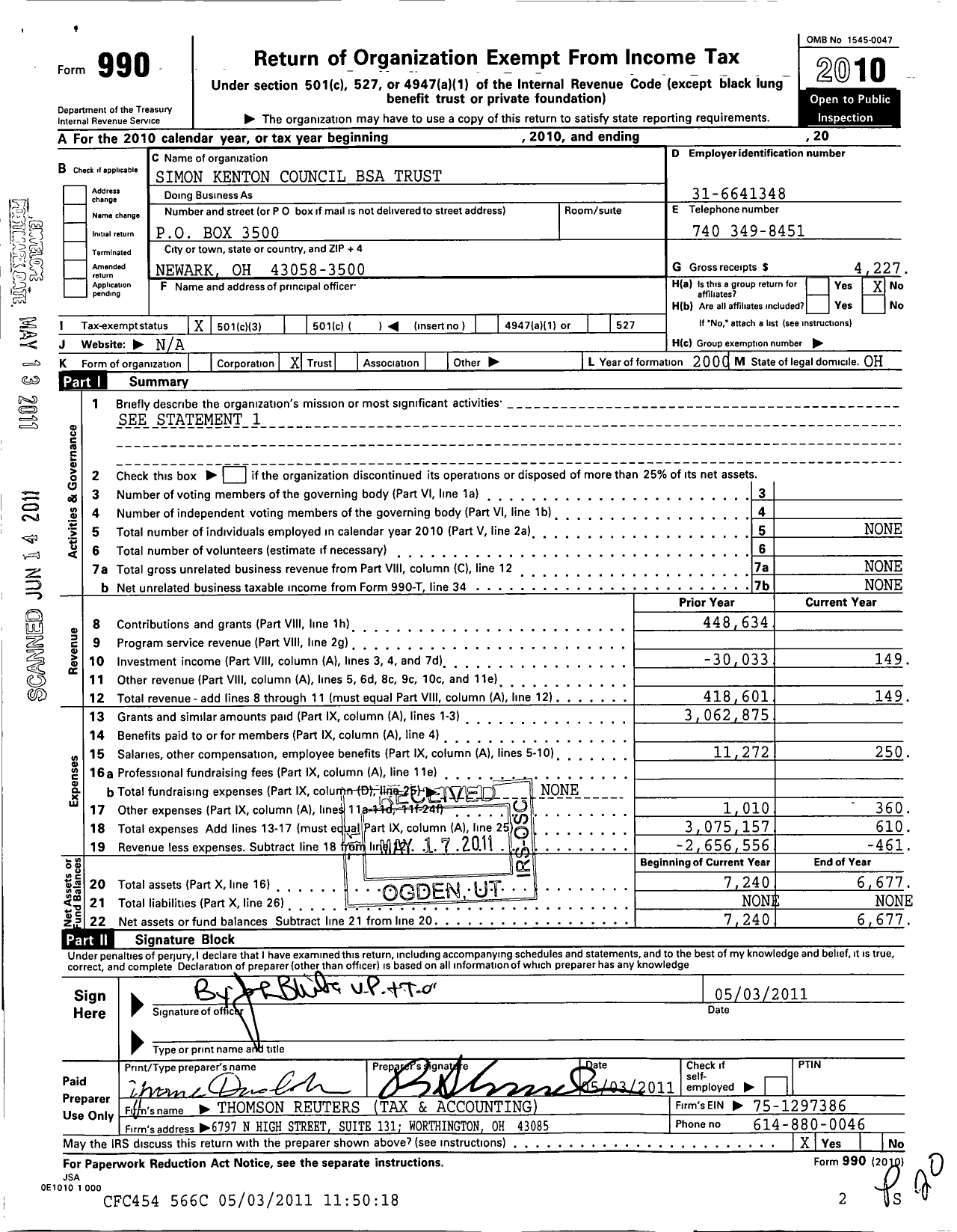 Image of first page of 2010 Form 990 for Boy Scouts of America - 441 Simon Kenton Council TR