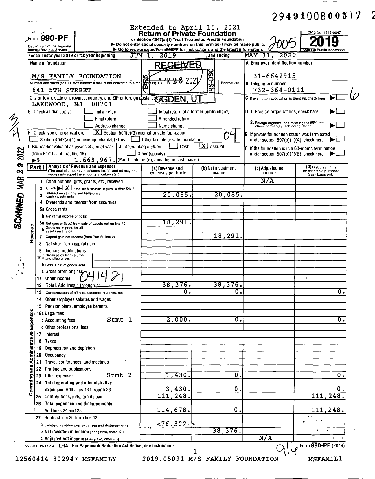 Image of first page of 2019 Form 990PF for MS Family Foundation