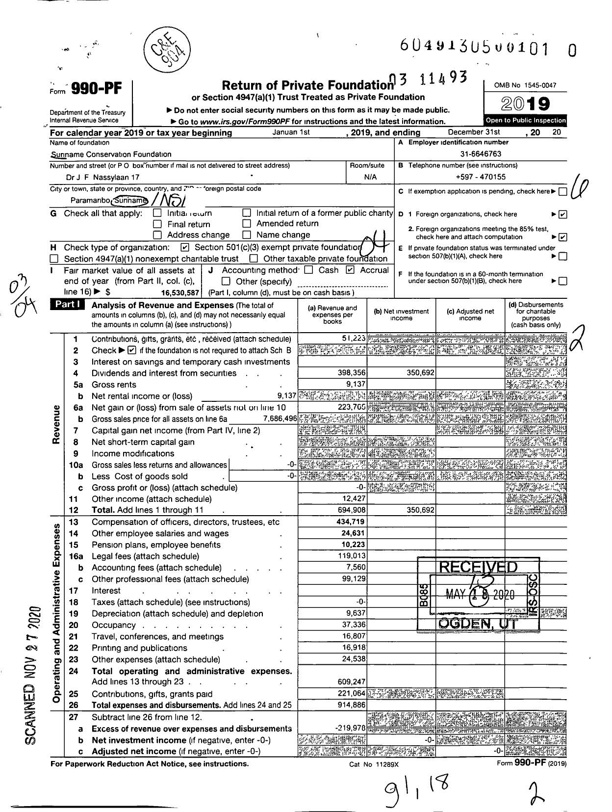 Image of first page of 2019 Form 990PF for Suriname Conservation Foundation (SCF)