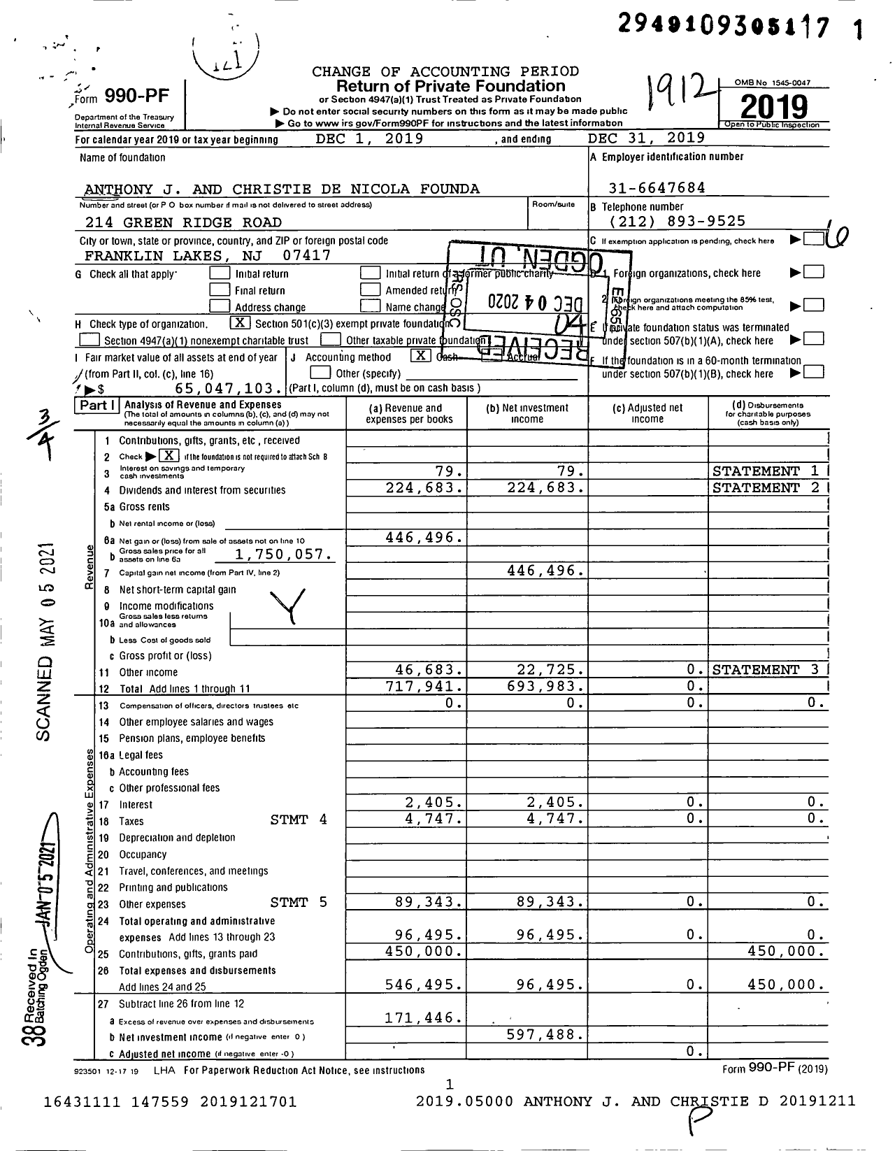 Image of first page of 2019 Form 990PF for Anthony J and Christie de Nicola Foundation