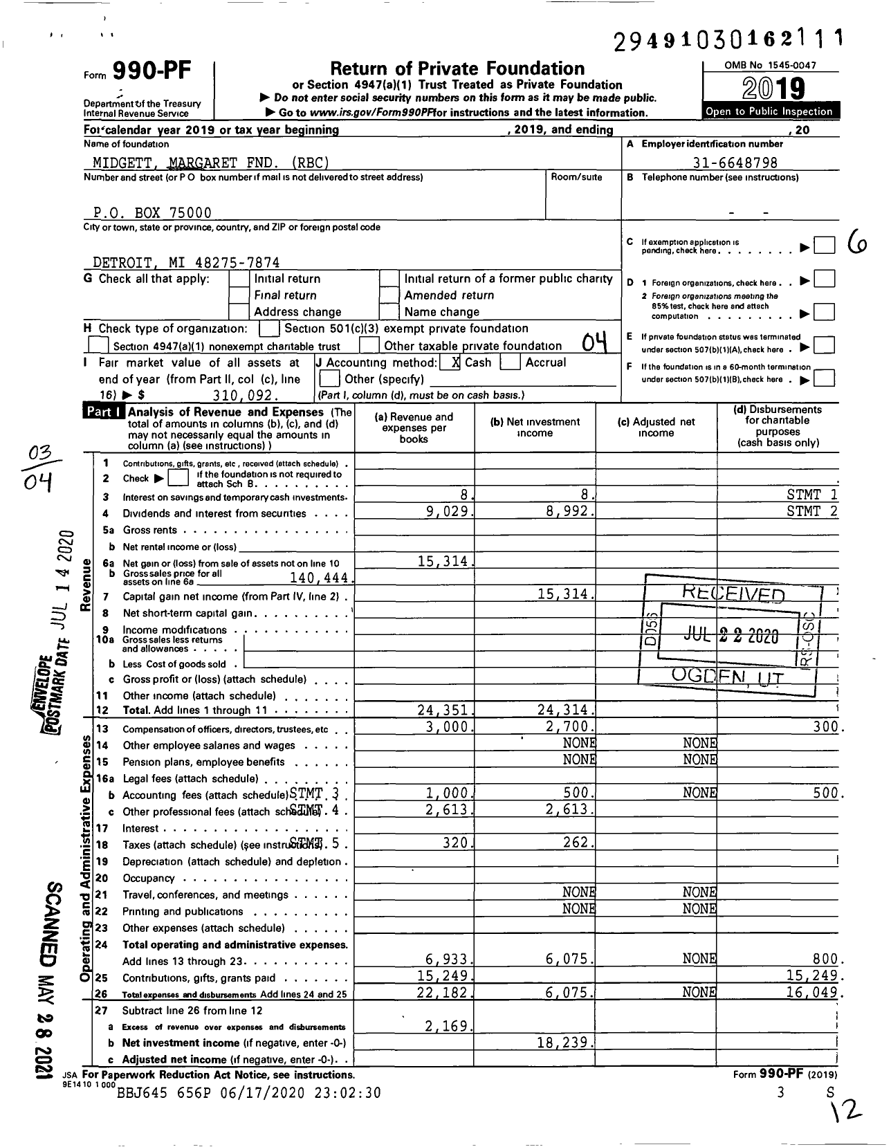 Image of first page of 2019 Form 990PF for Midgett Margaret FND