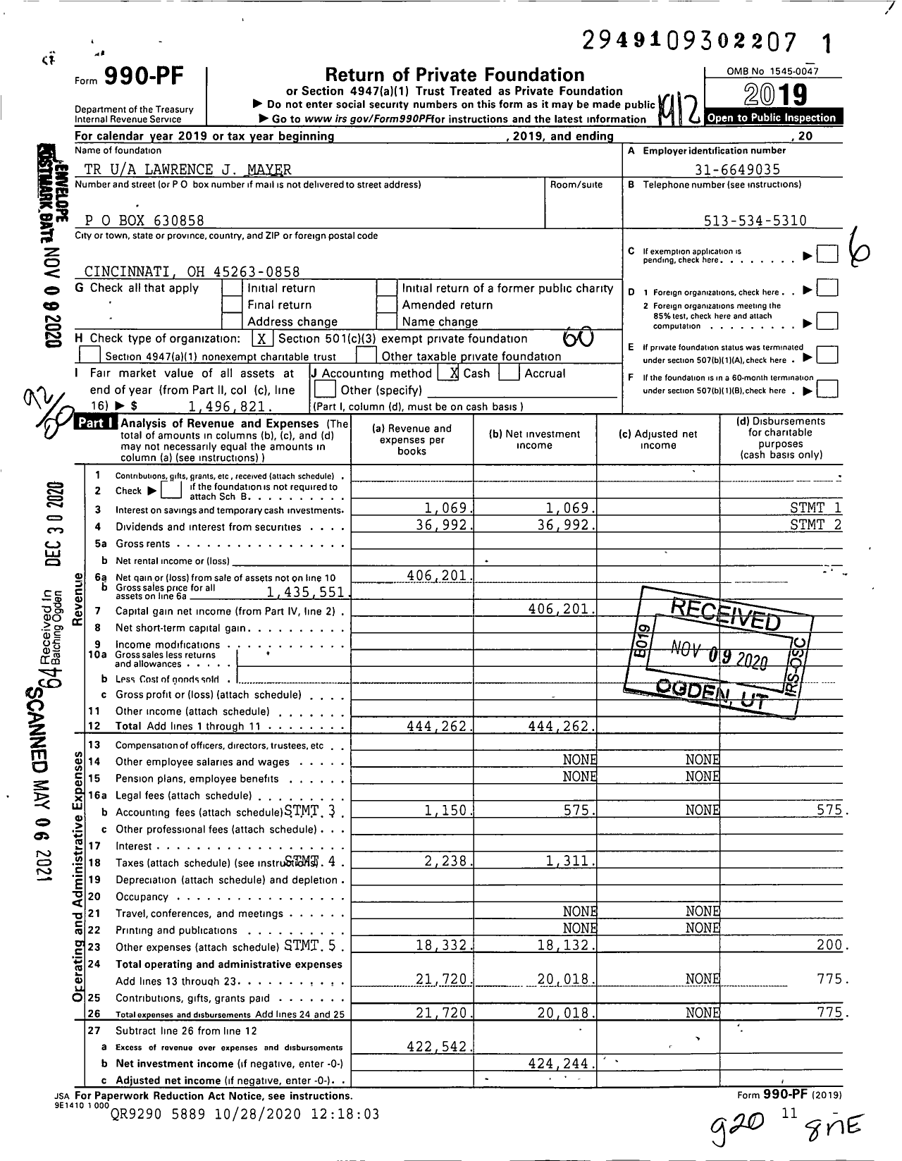 Image of first page of 2019 Form 990PF for TR Lawrence J Mayer