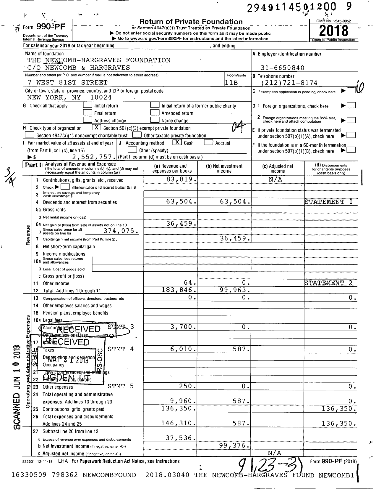 Image of first page of 2018 Form 990PF for The Newcomb-Hargraves Foundation