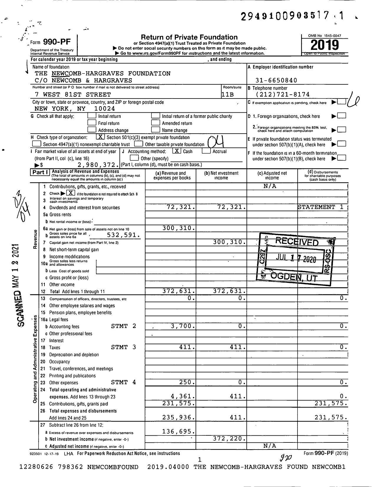 Image of first page of 2019 Form 990PF for The Newcomb-Hargraves Foundation