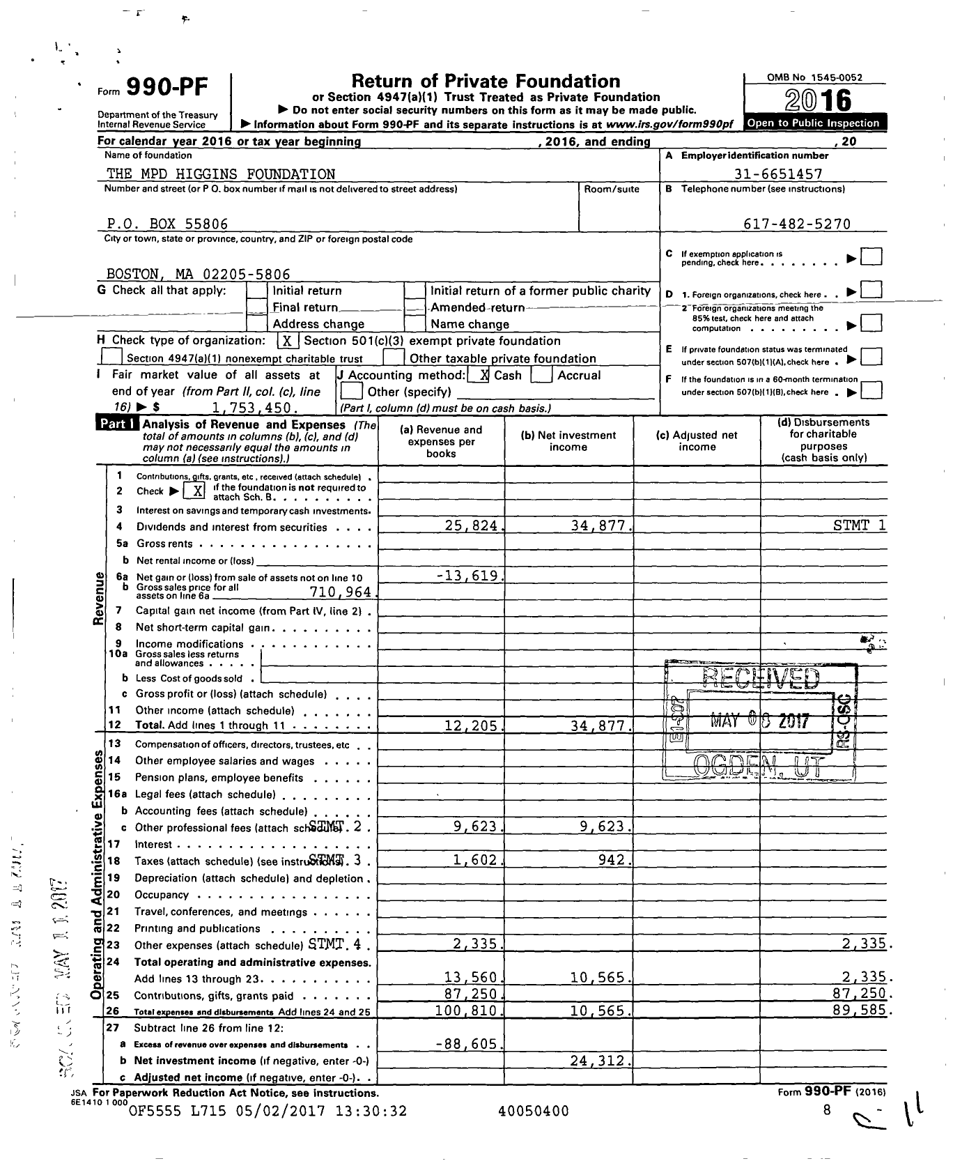 Image of first page of 2016 Form 990PF for The MPD Higgins Foundation