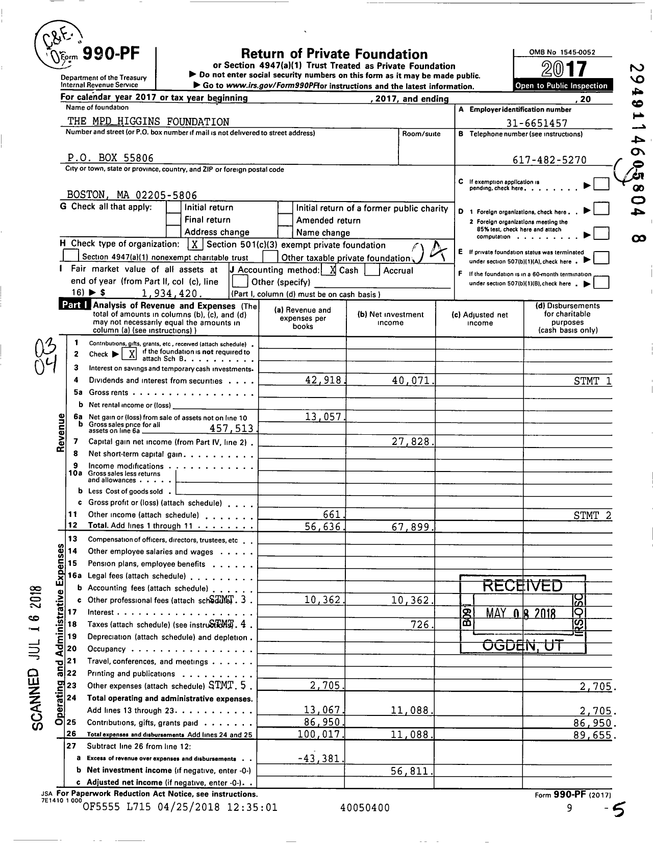 Image of first page of 2017 Form 990PF for The MPD Higgins Foundation