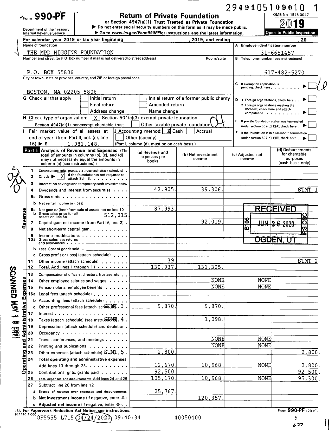 Image of first page of 2019 Form 990PF for The MPD Higgins Foundation