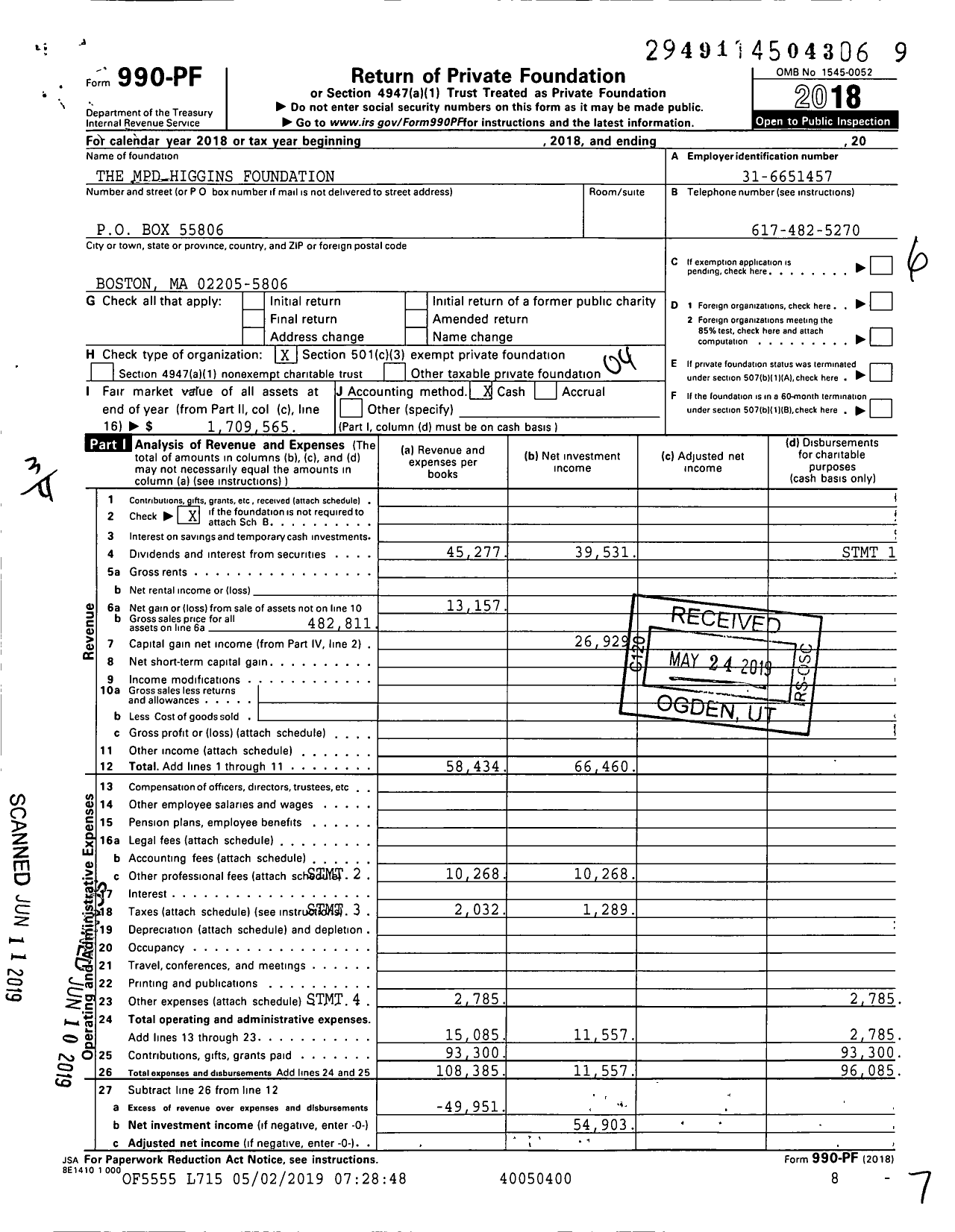 Image of first page of 2018 Form 990PF for The MPD Higgins Foundation