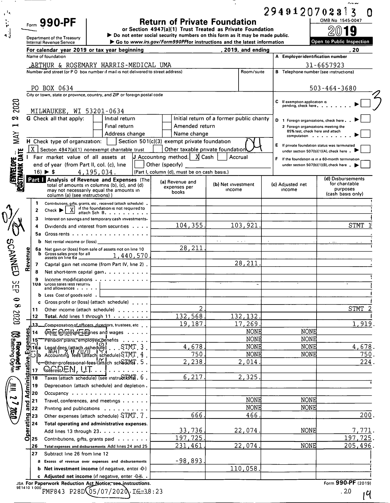 Image of first page of 2019 Form 990PR for Arthur and Rosemary Harris-Medical Uma