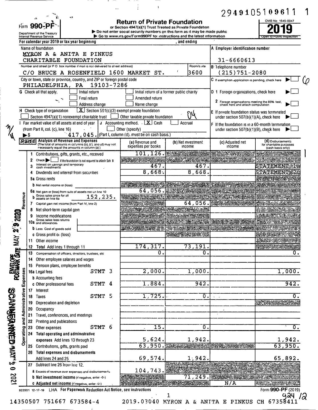 Image of first page of 2019 Form 990PF for Myron A and Anita E Pinkus Charitable Foundation