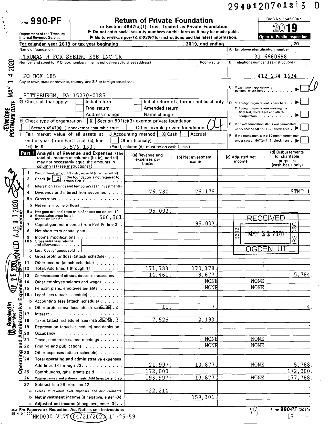 Image of first page of 2019 Form 990PR for Truman H for Seeing Eye Inc-Tr