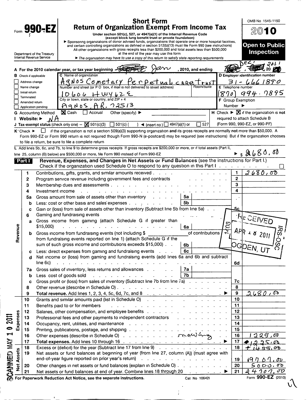 Image of first page of 2010 Form 990EZ for Agnos Cemetery Perpetual Care Trust Fund