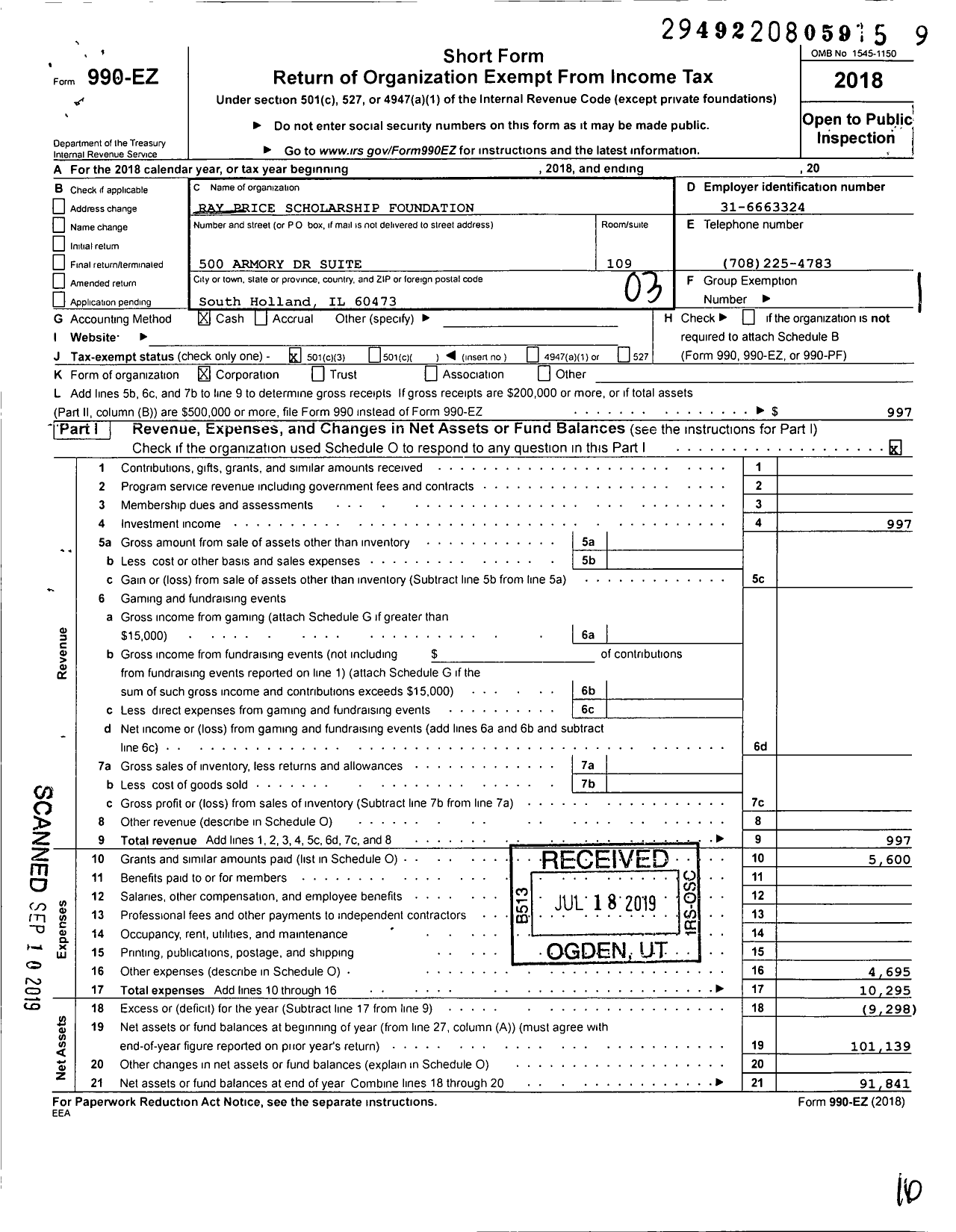 Image of first page of 2018 Form 990EZ for Ray Price Scholarship Foundation