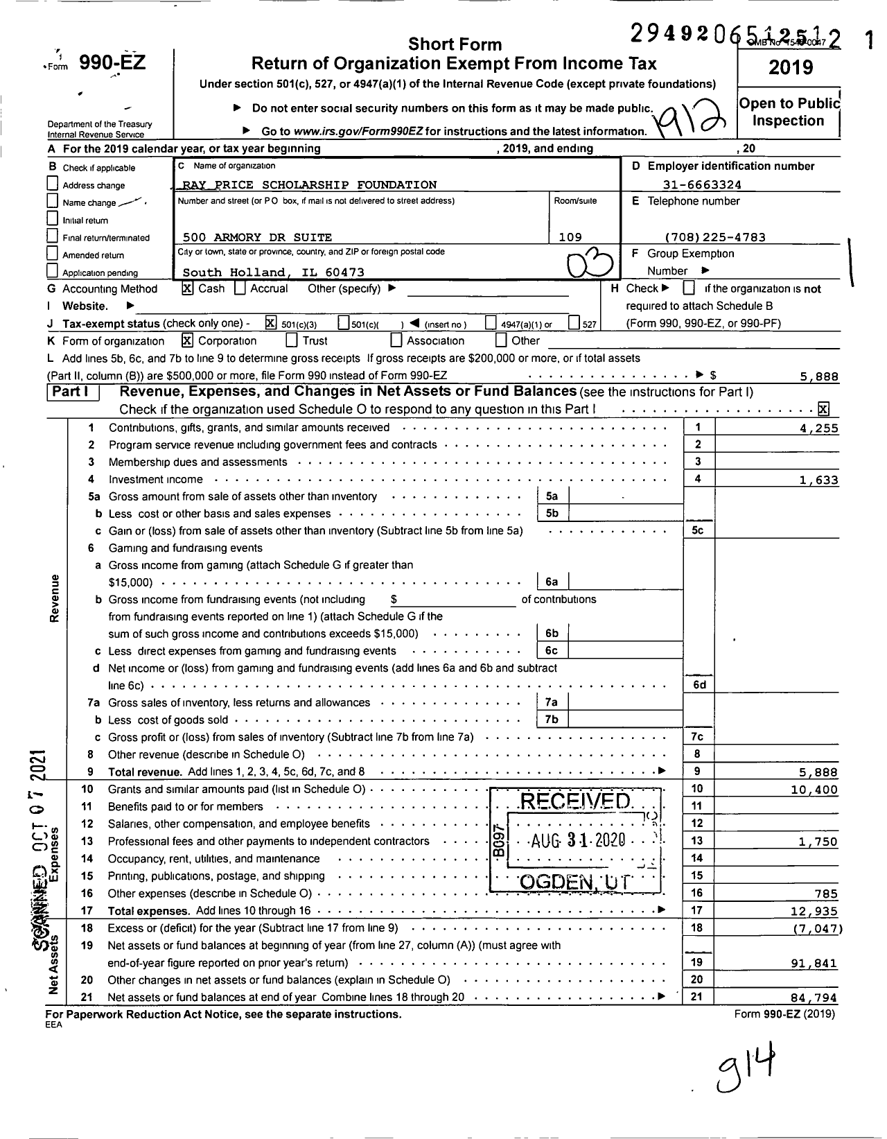 Image of first page of 2019 Form 990EZ for Ray Price Scholarship Foundation