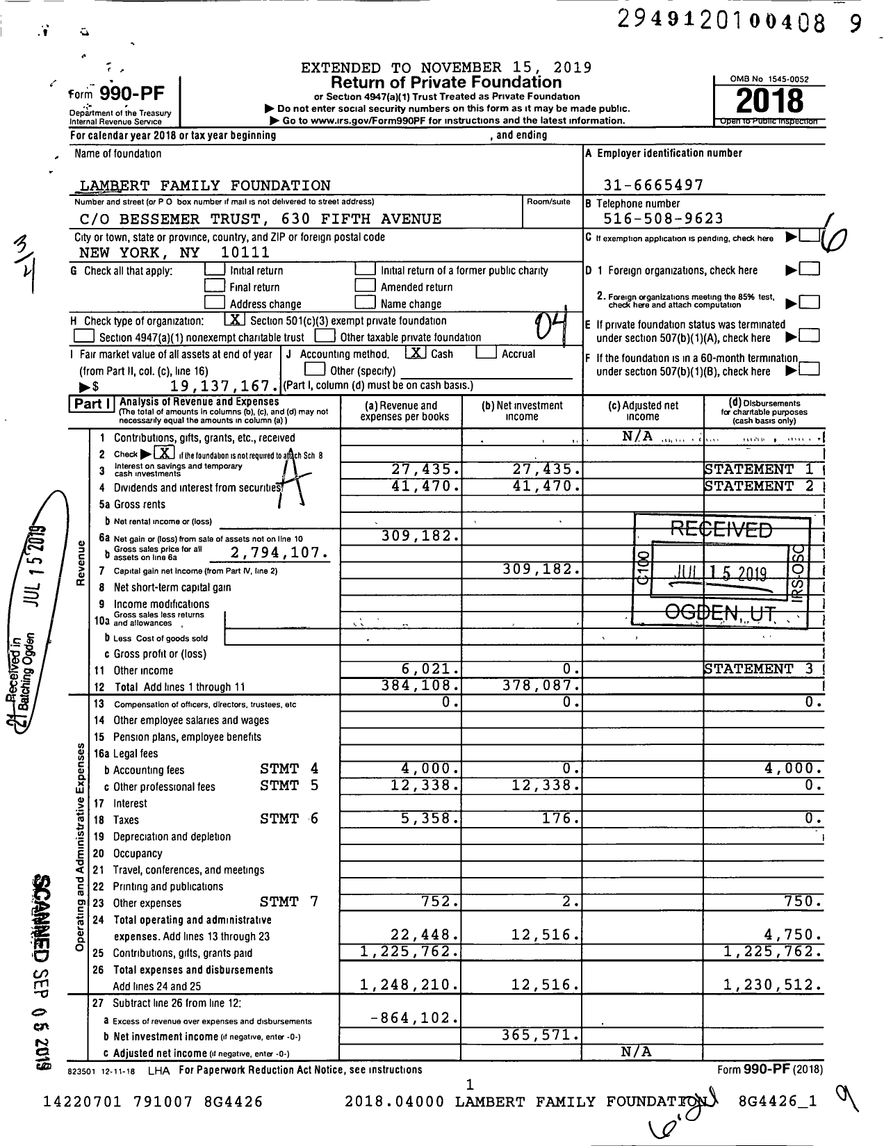 Image of first page of 2018 Form 990PF for Lambert Family Foundation