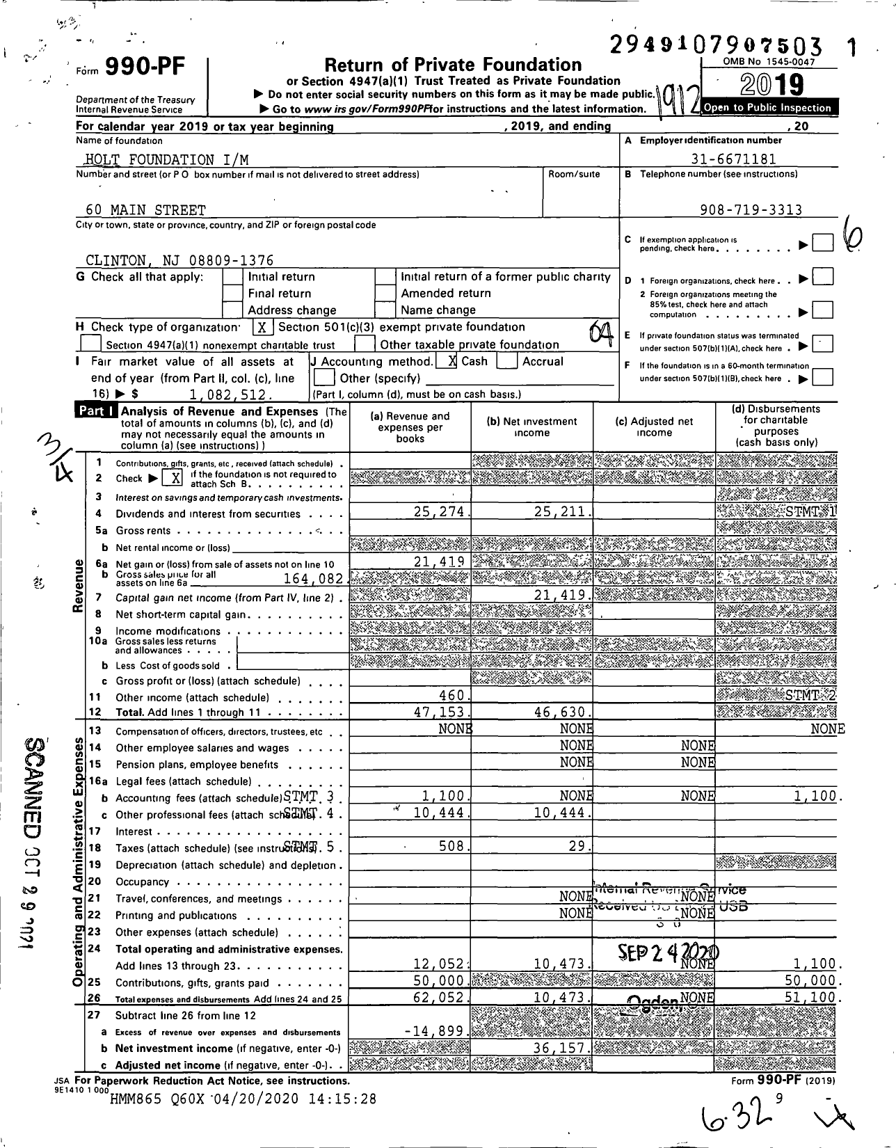 Image of first page of 2019 Form 990PF for Holt Foundation Im