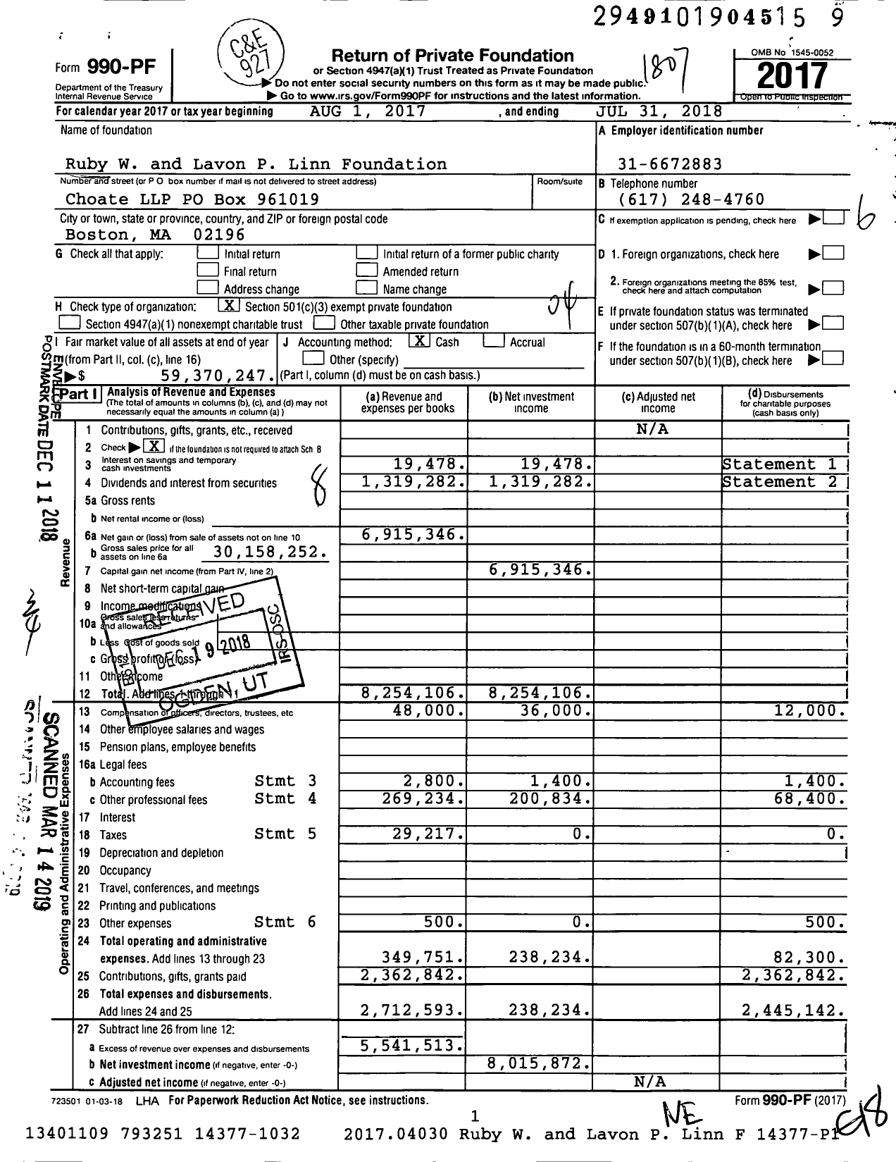 Image of first page of 2017 Form 990PF for Ruby W. and Lavon P. Linn Foundation