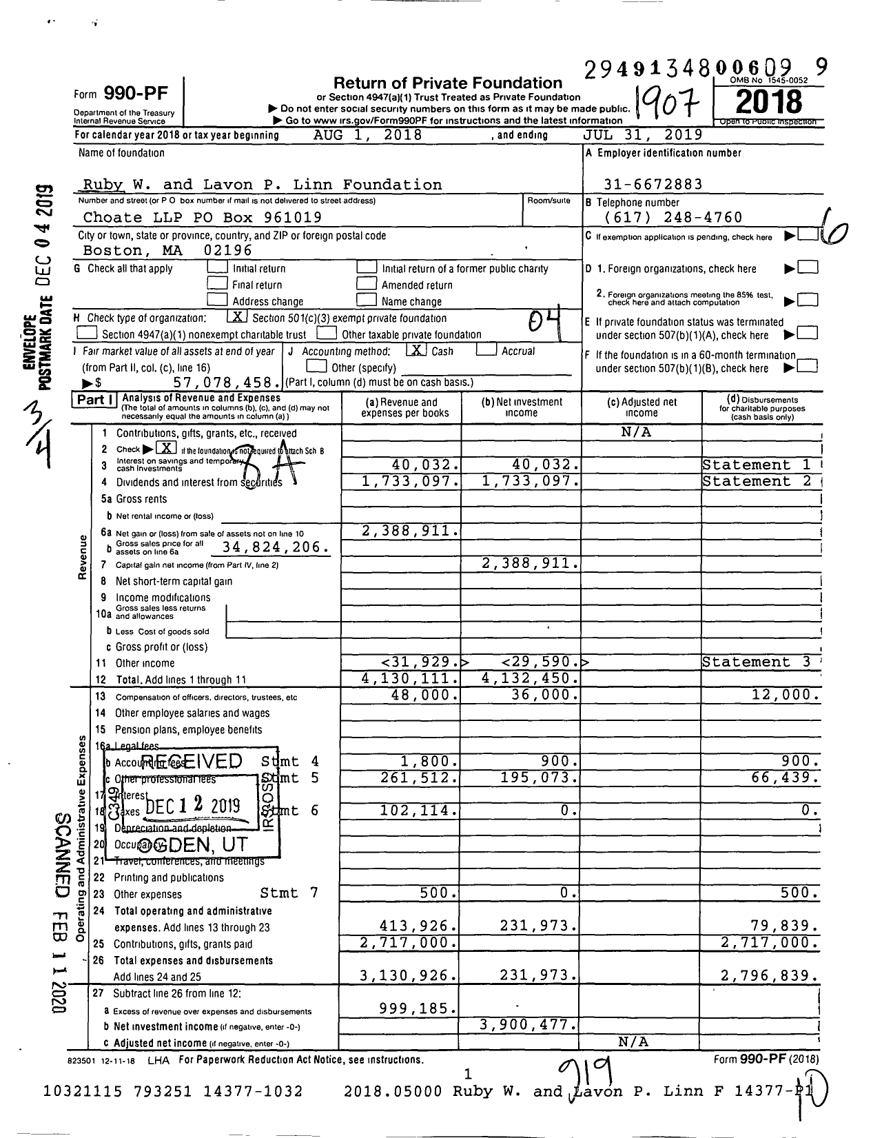 Image of first page of 2018 Form 990PF for Ruby W. and Lavon P. Linn Foundation