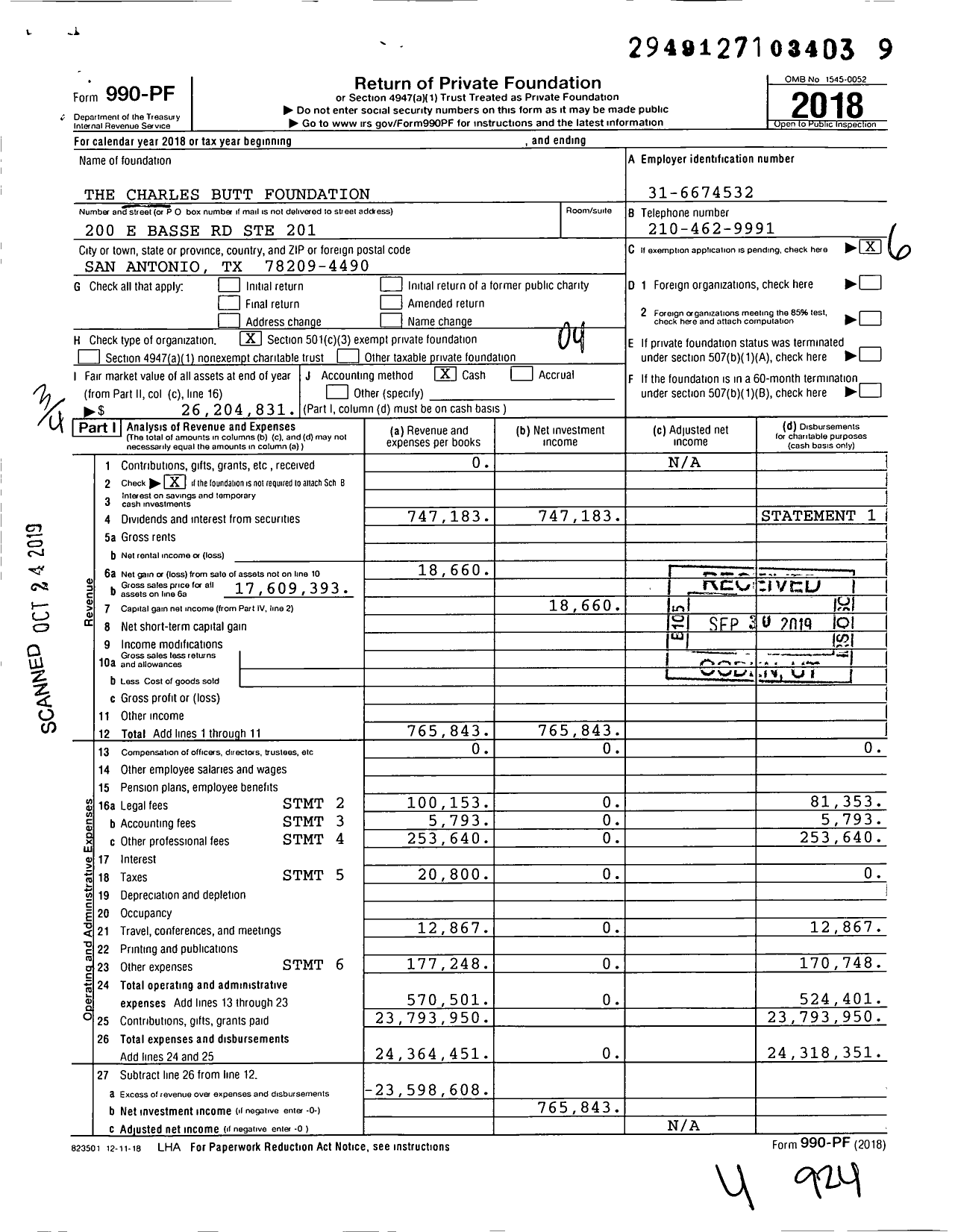 Image of first page of 2018 Form 990PF for The Charles Butt Foundation