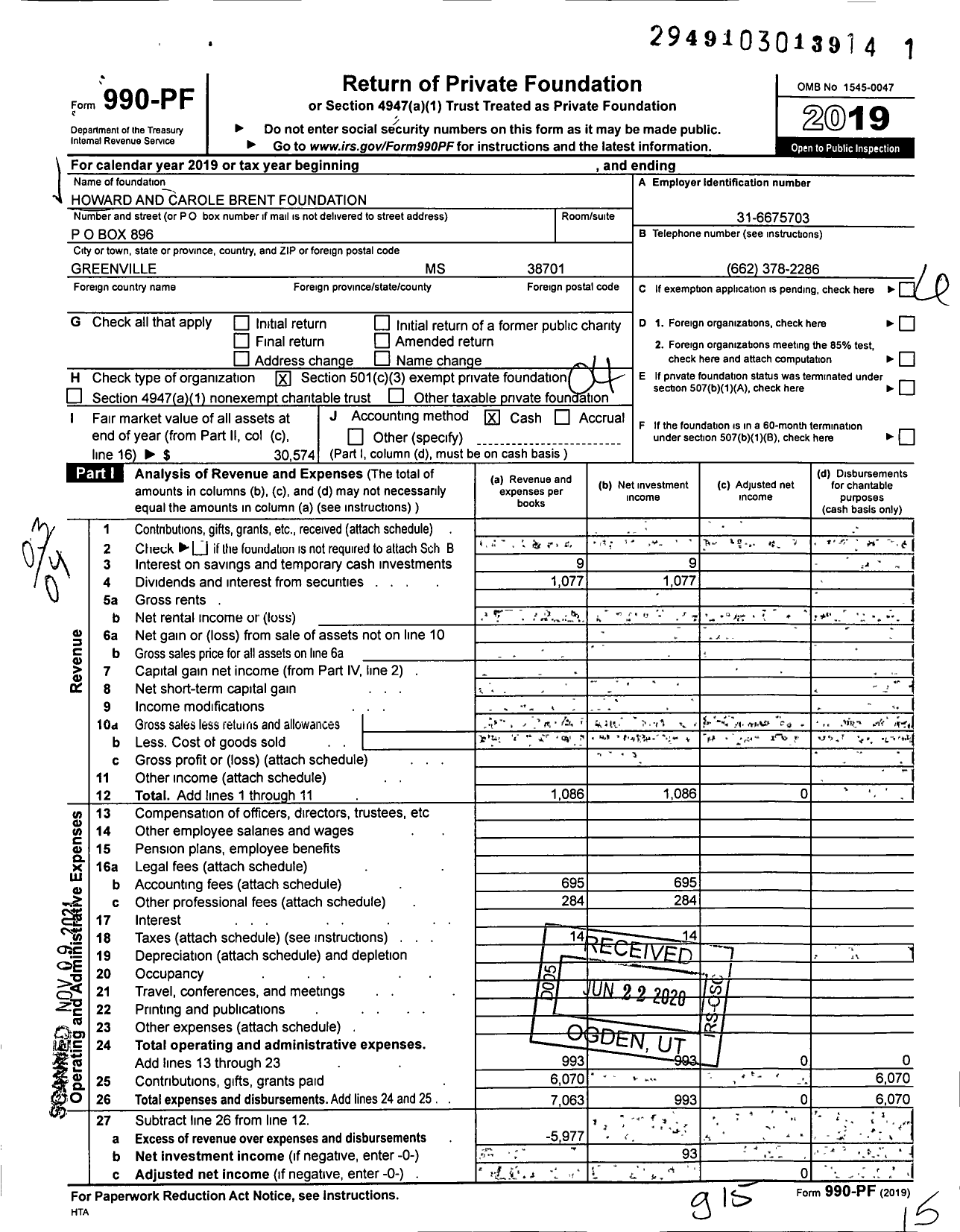 Image of first page of 2019 Form 990PF for Howard and Carole Brent Foundation