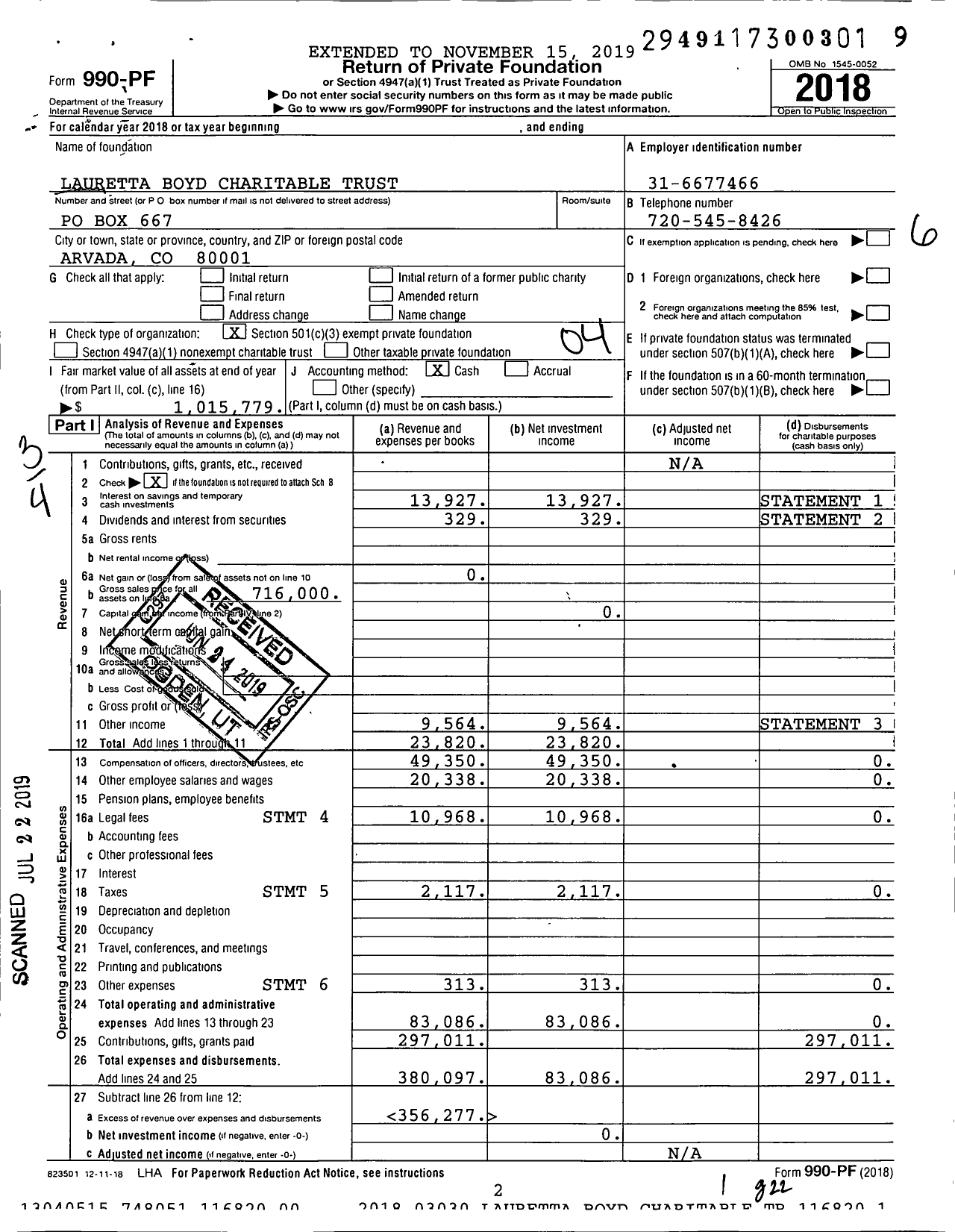 Image of first page of 2018 Form 990PF for Lauretta Boyd Charitable Trust