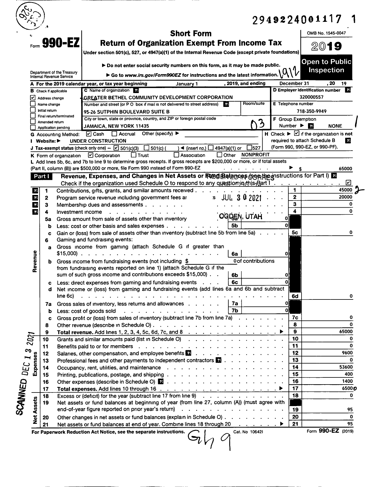 Image of first page of 2019 Form 990EZ for Greater Bethel Community Development Corporation