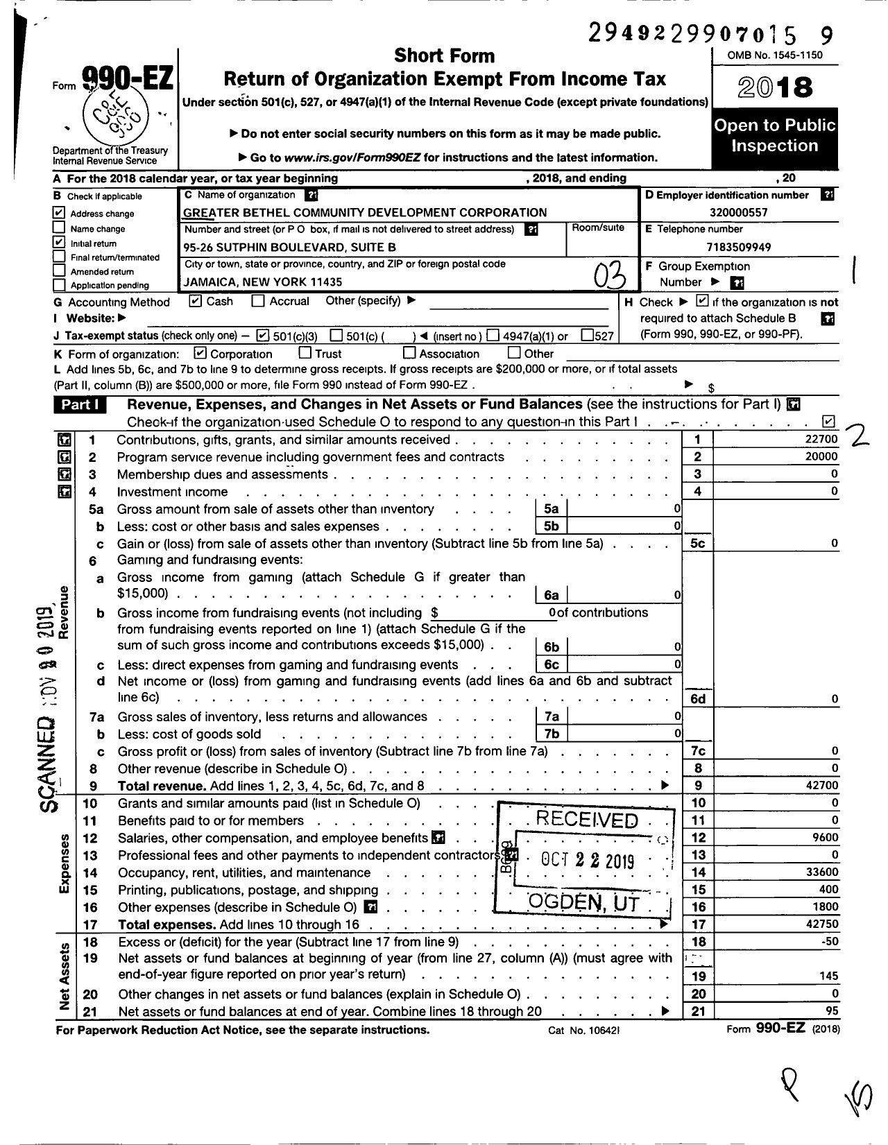 Image of first page of 2018 Form 990EZ for Greater Bethel Community Development Corporation