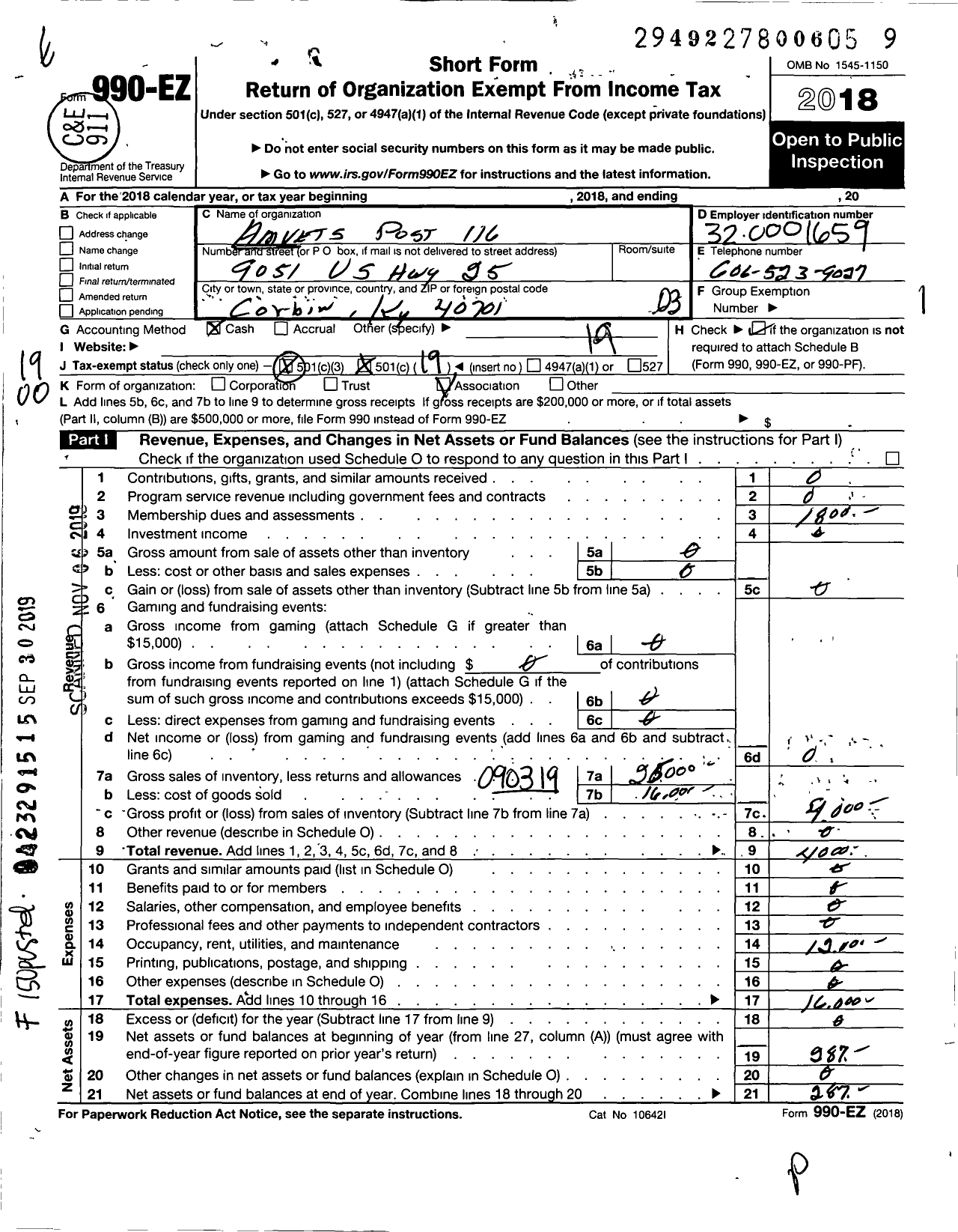 Image of first page of 2018 Form 990O for Amvets - 0116 Ky