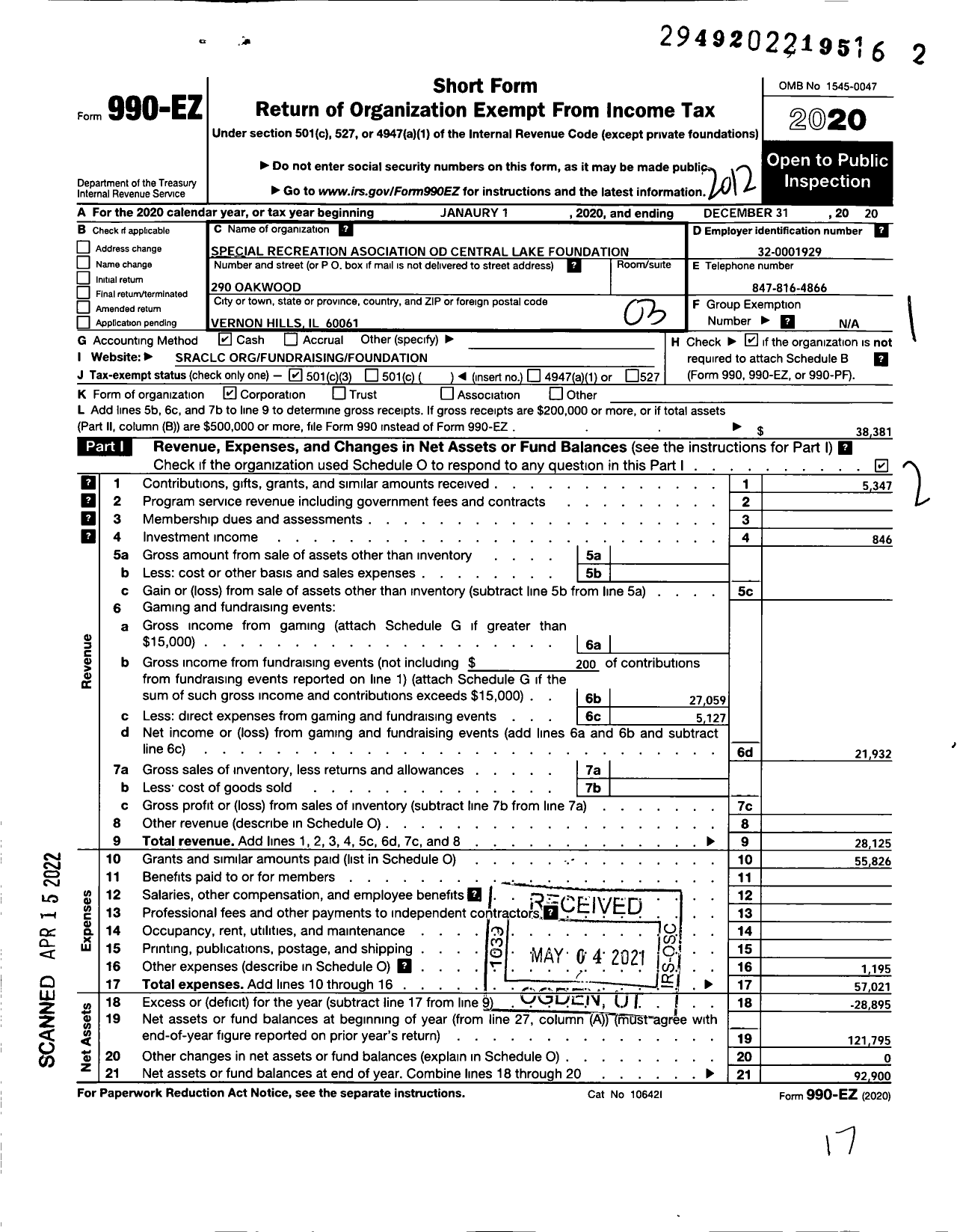 Image of first page of 2020 Form 990EZ for Special Recreation Association of Central Lake County Foundation