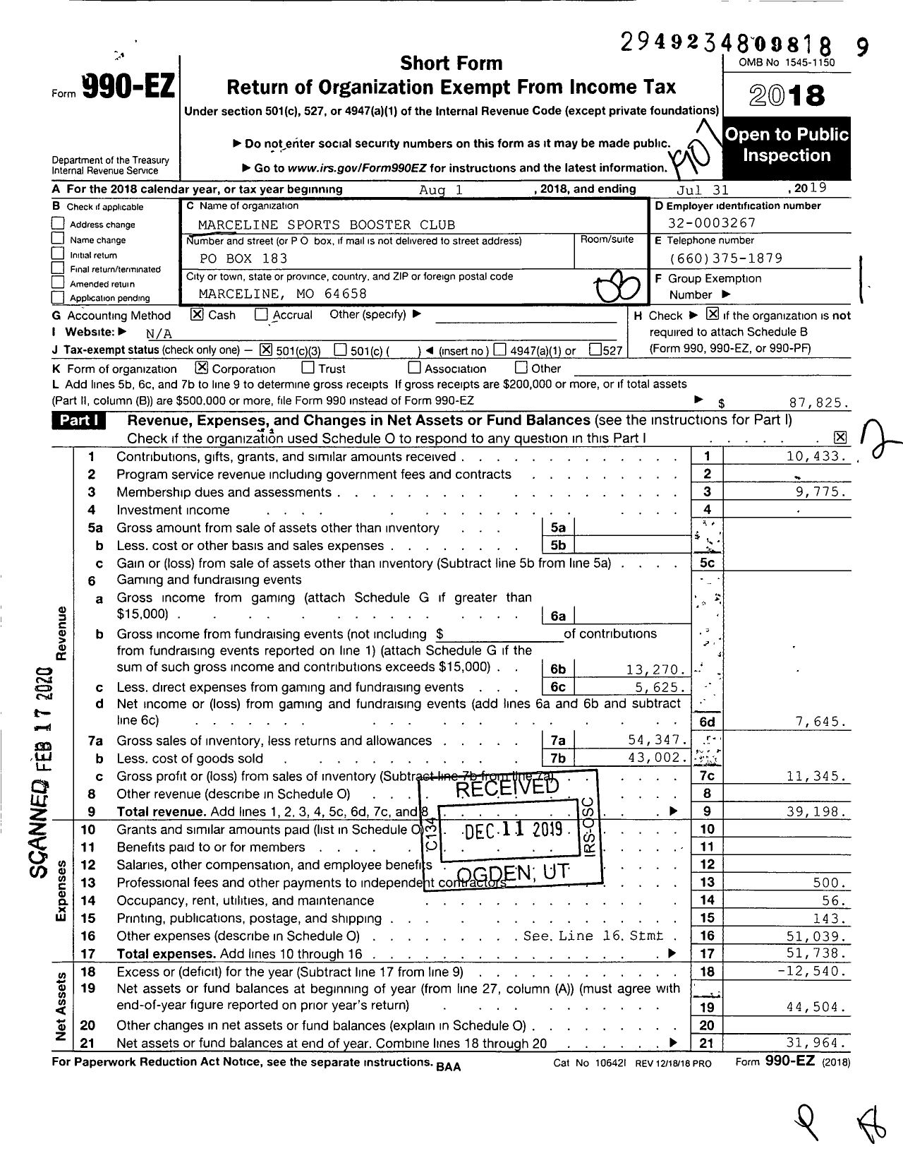 Image of first page of 2018 Form 990EZ for Marceline Sports Booster Club