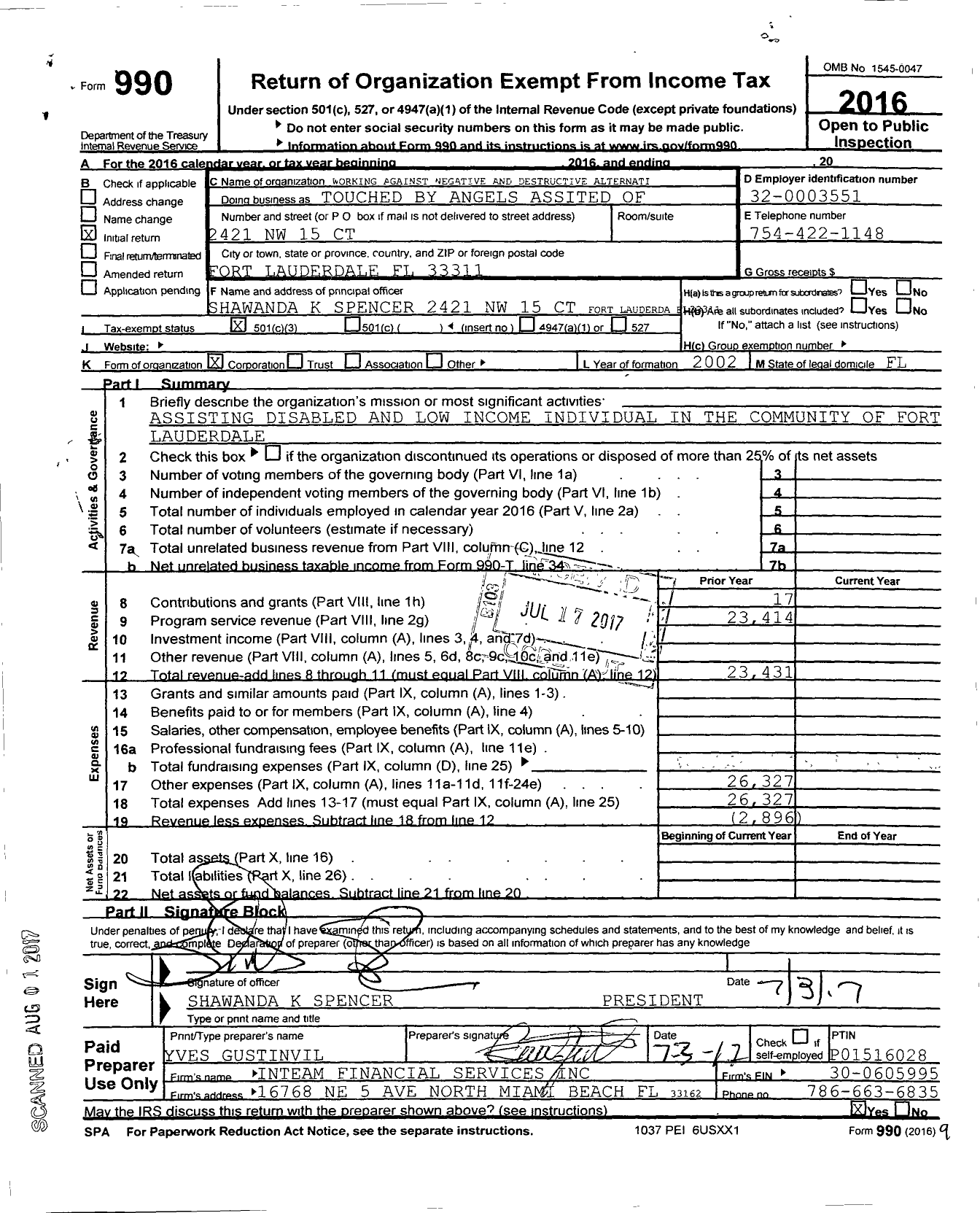 Image of first page of 2016 Form 990 for Wanda Working Against Negative and Destructive Alternatives