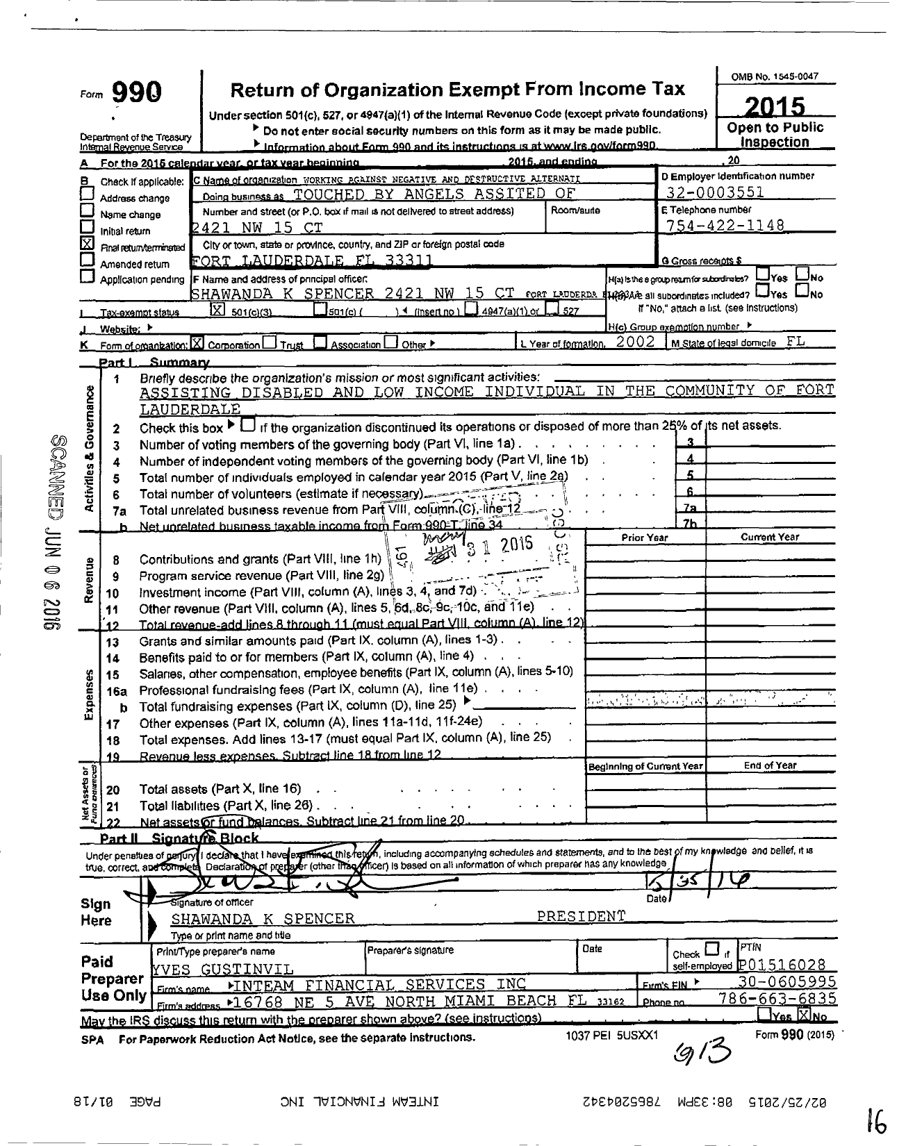 Image of first page of 2015 Form 990 for Wanda Working Against Negative and Destructive Alternatives