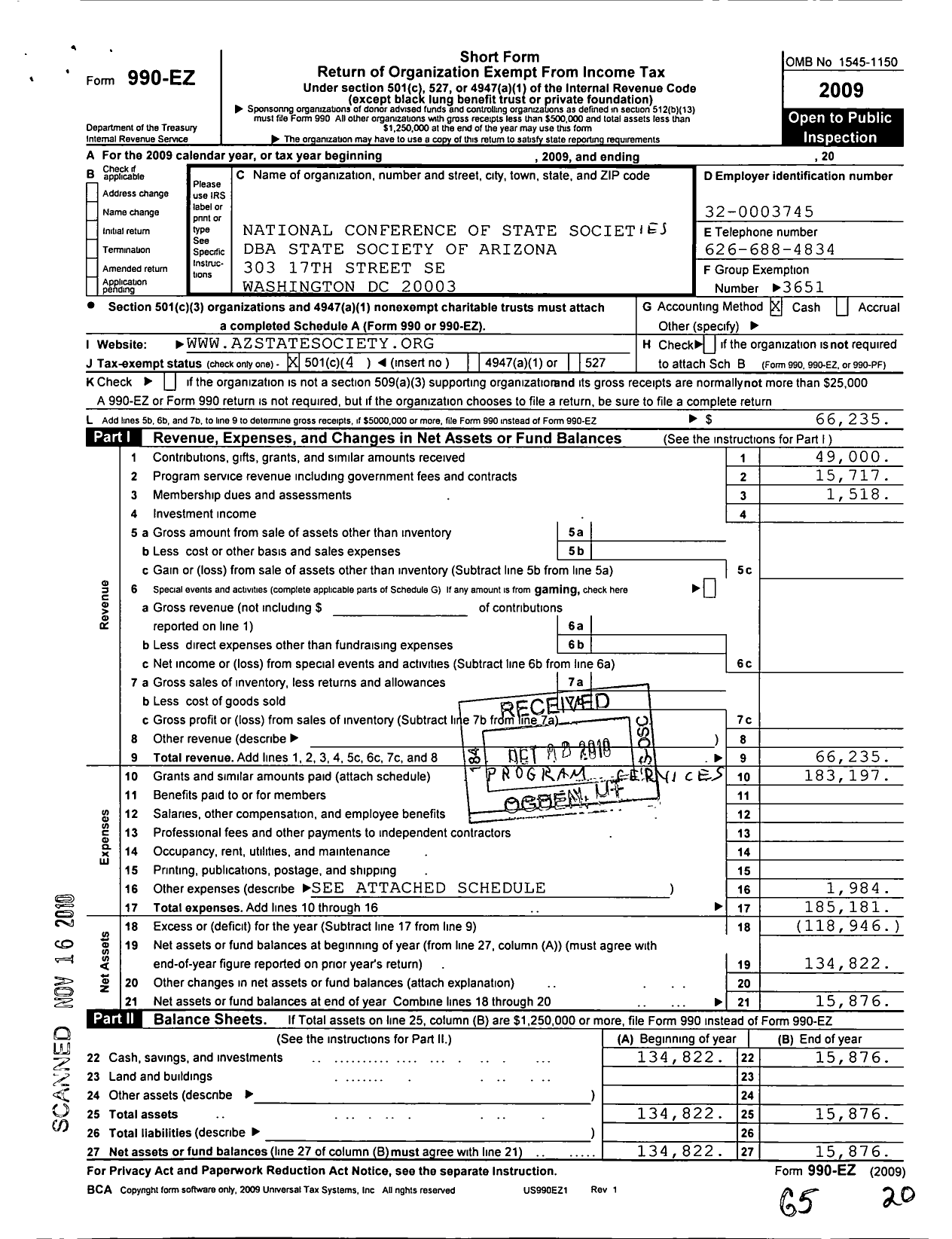 Image of first page of 2009 Form 990EO for State Society of Arizona