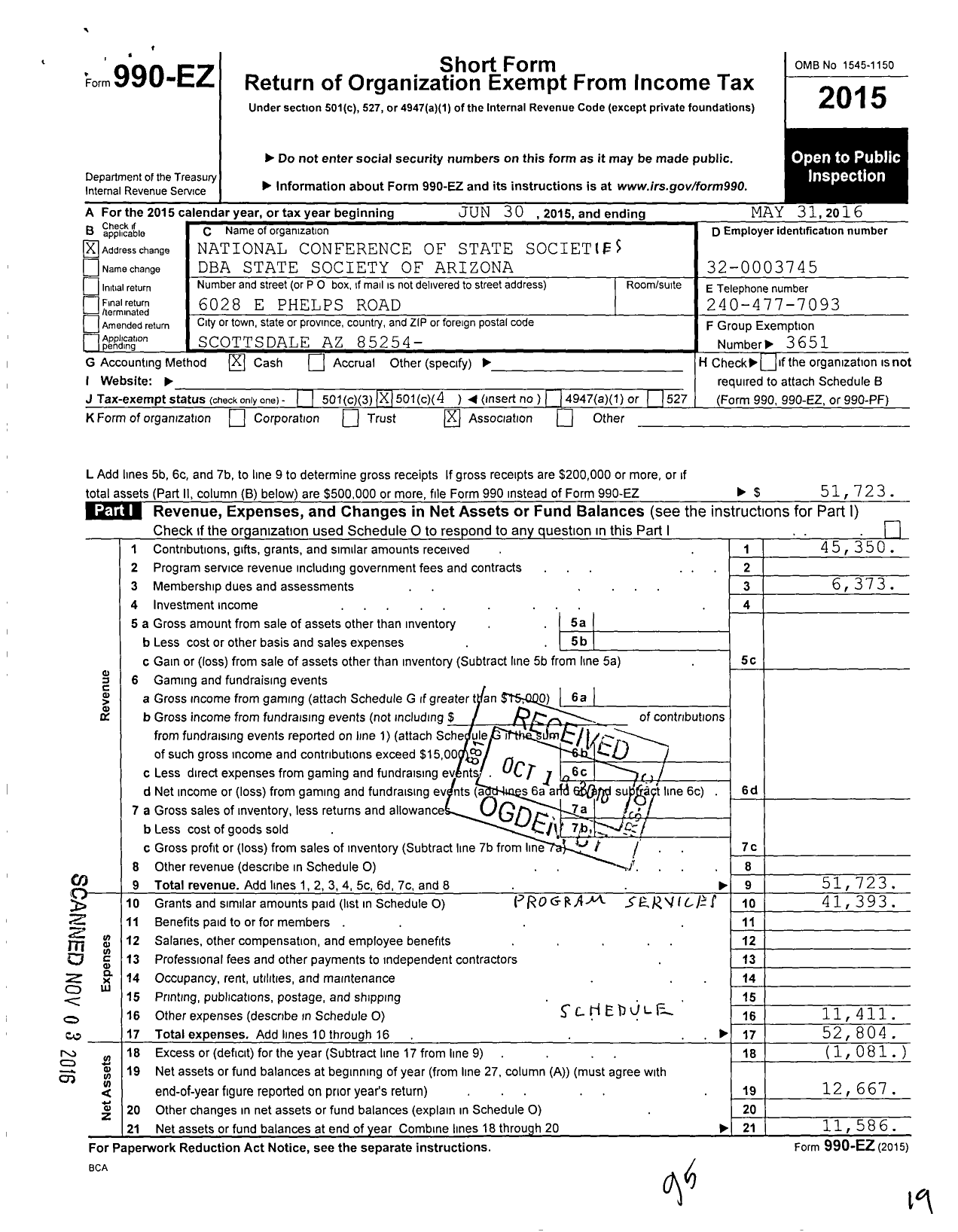 Image of first page of 2015 Form 990EO for State Society of Arizona