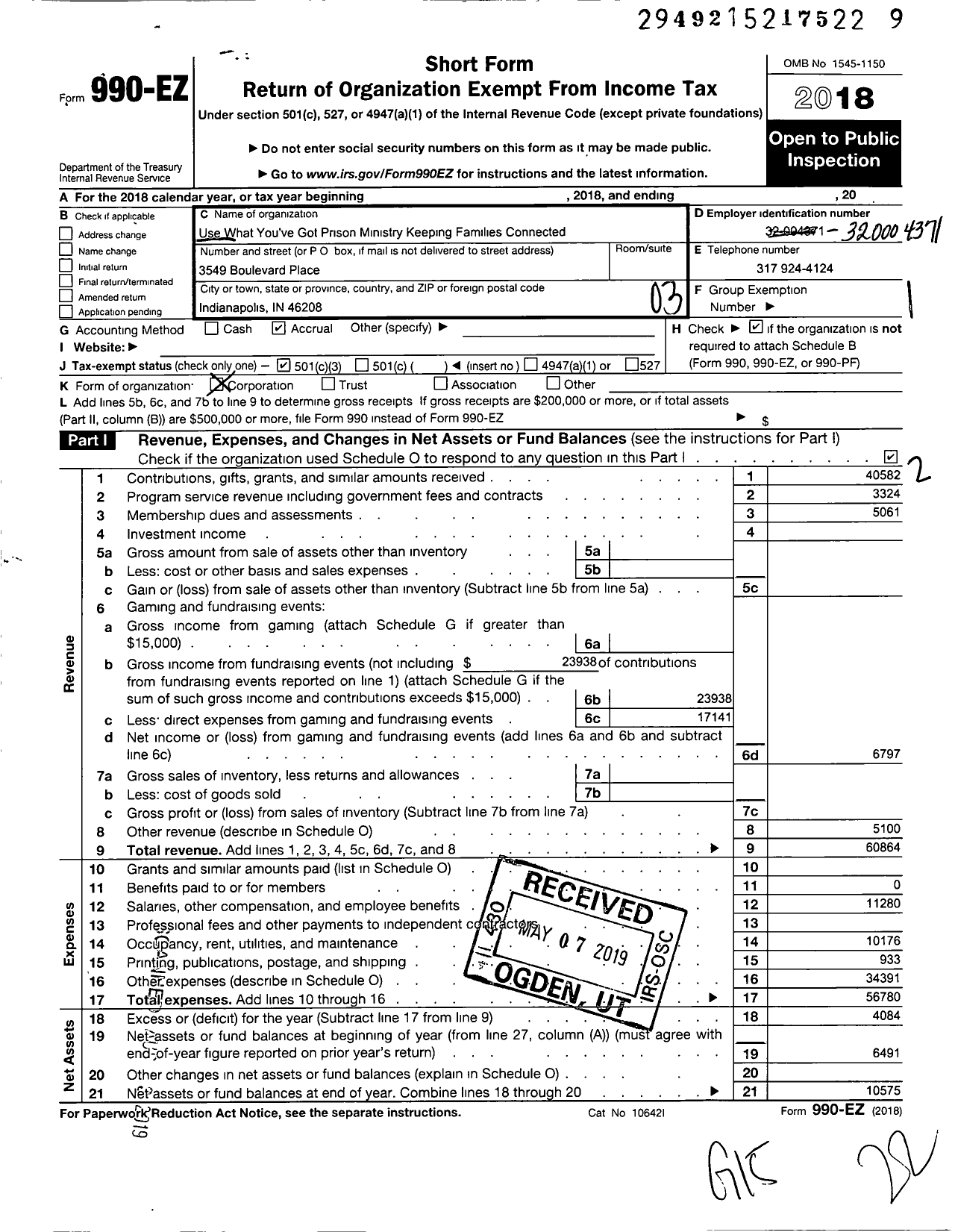 Image of first page of 2018 Form 990EZ for Keeping Families Connected Inc Use What Youve Got Prison Ministry