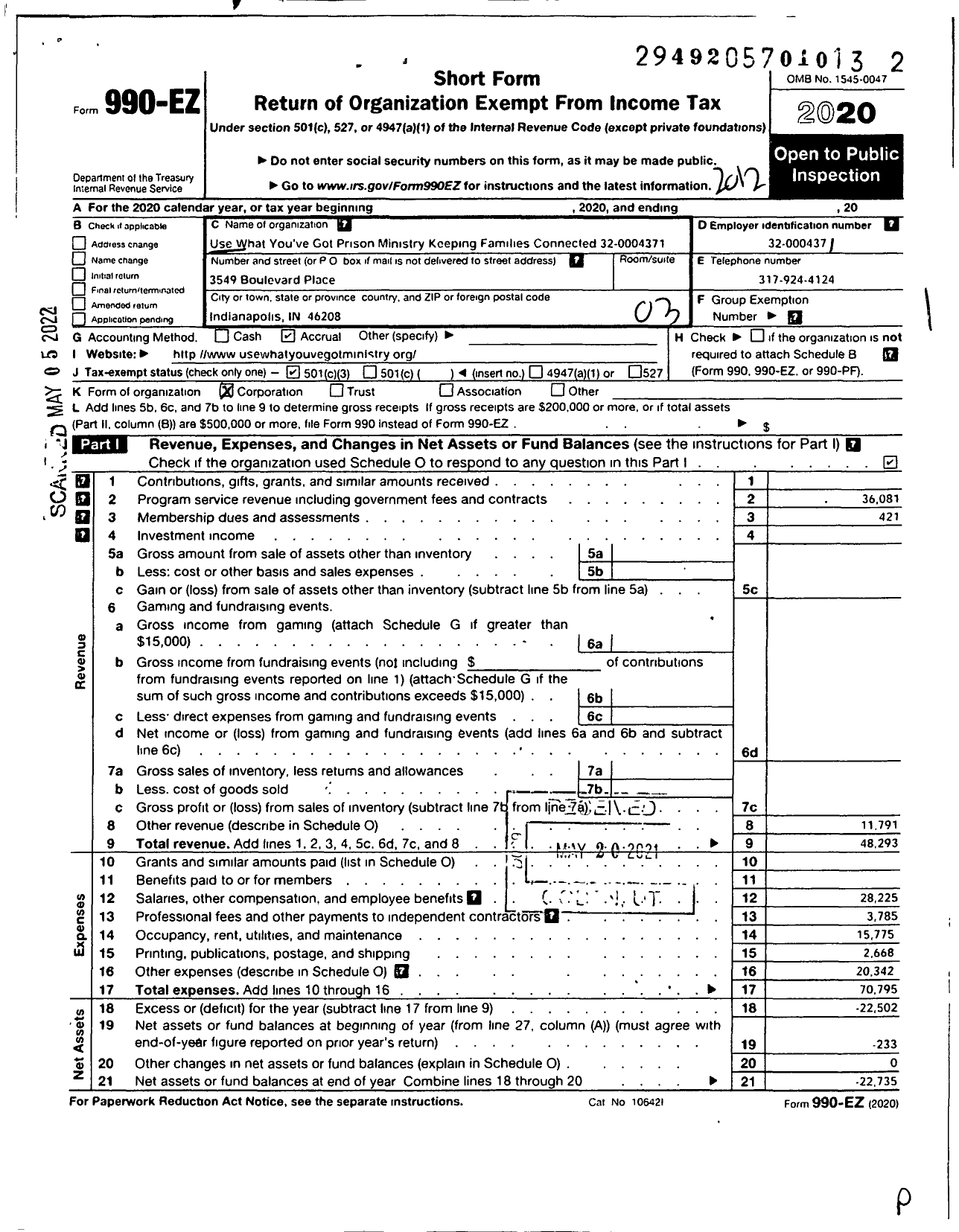 Image of first page of 2020 Form 990EZ for Keeping Families Connected Inc Use What Youve Got Prison Ministry