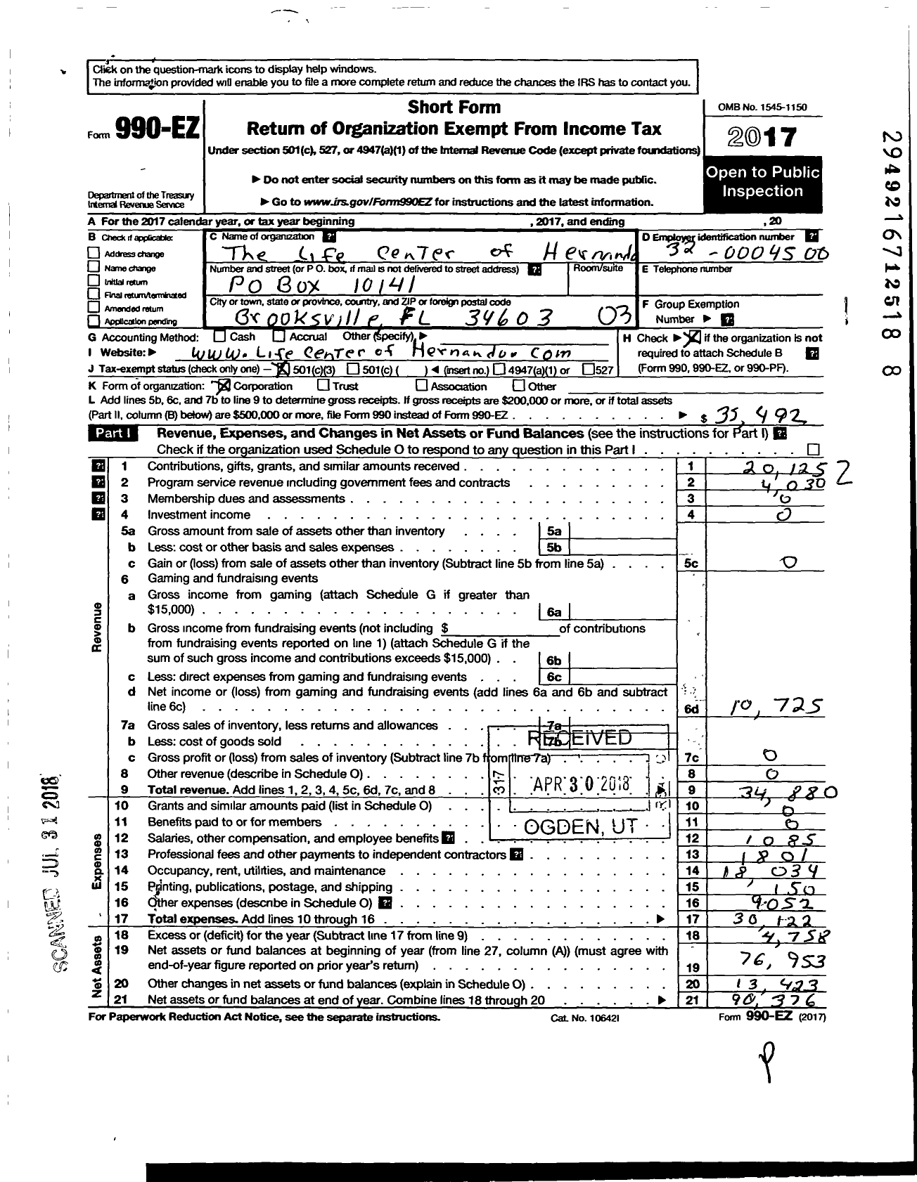 Image of first page of 2017 Form 990EZ for Life Center of Hernando