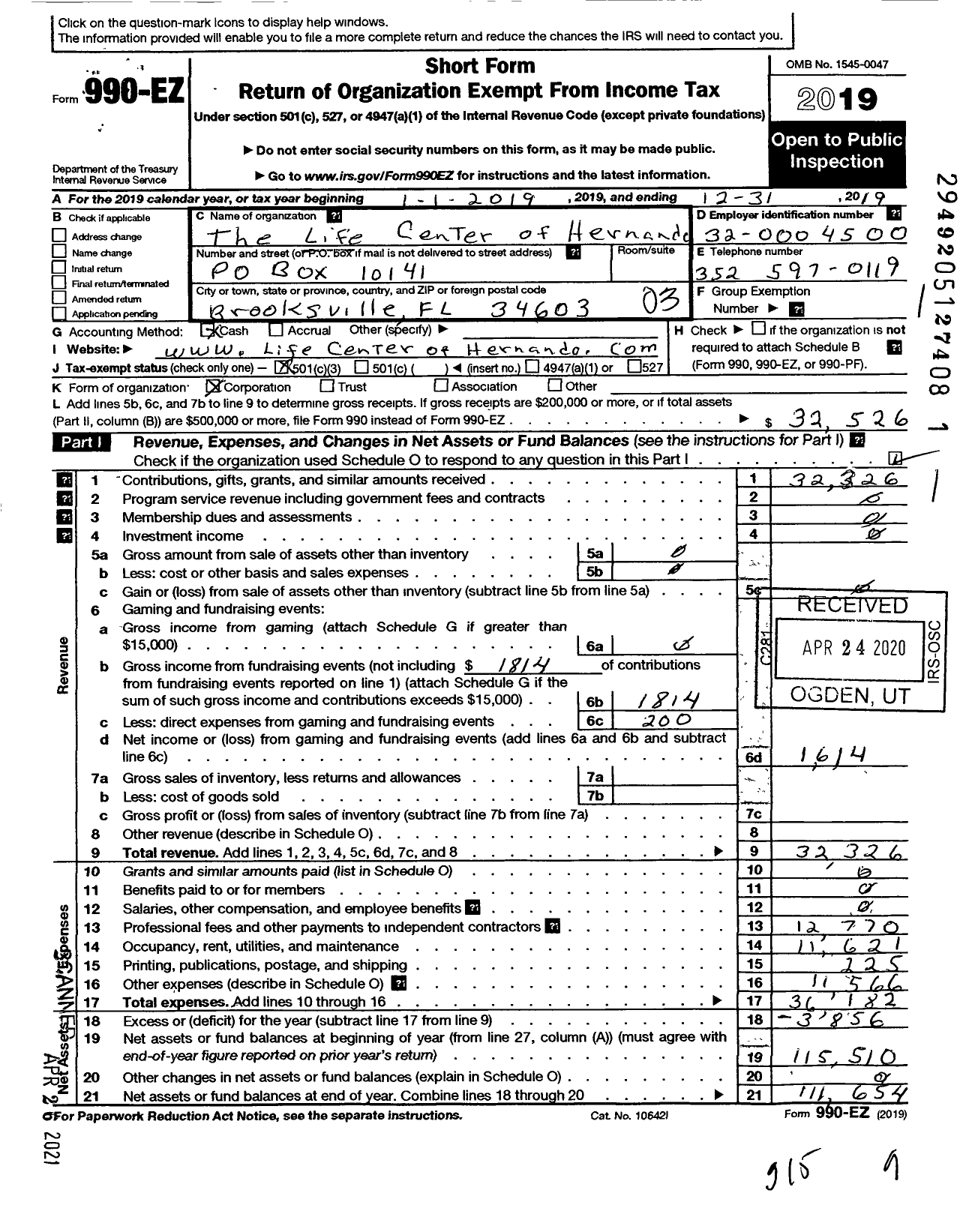 Image of first page of 2019 Form 990EZ for Life Center of Hernando